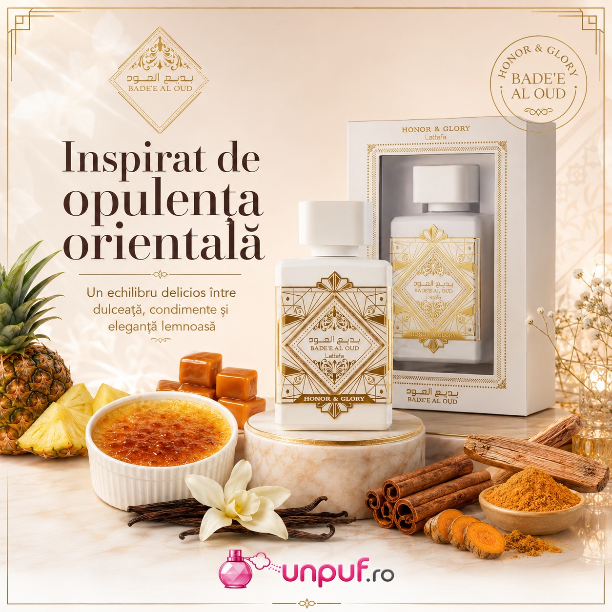 Lattafa Bade&rsquo;e Al Oud Honor & Glory inspirat de opulența orientală cu ananas, cr&egrave;me br&ucirc;l&eacute;e, vanilie, scorțișoară, curcuma și lemn de santal