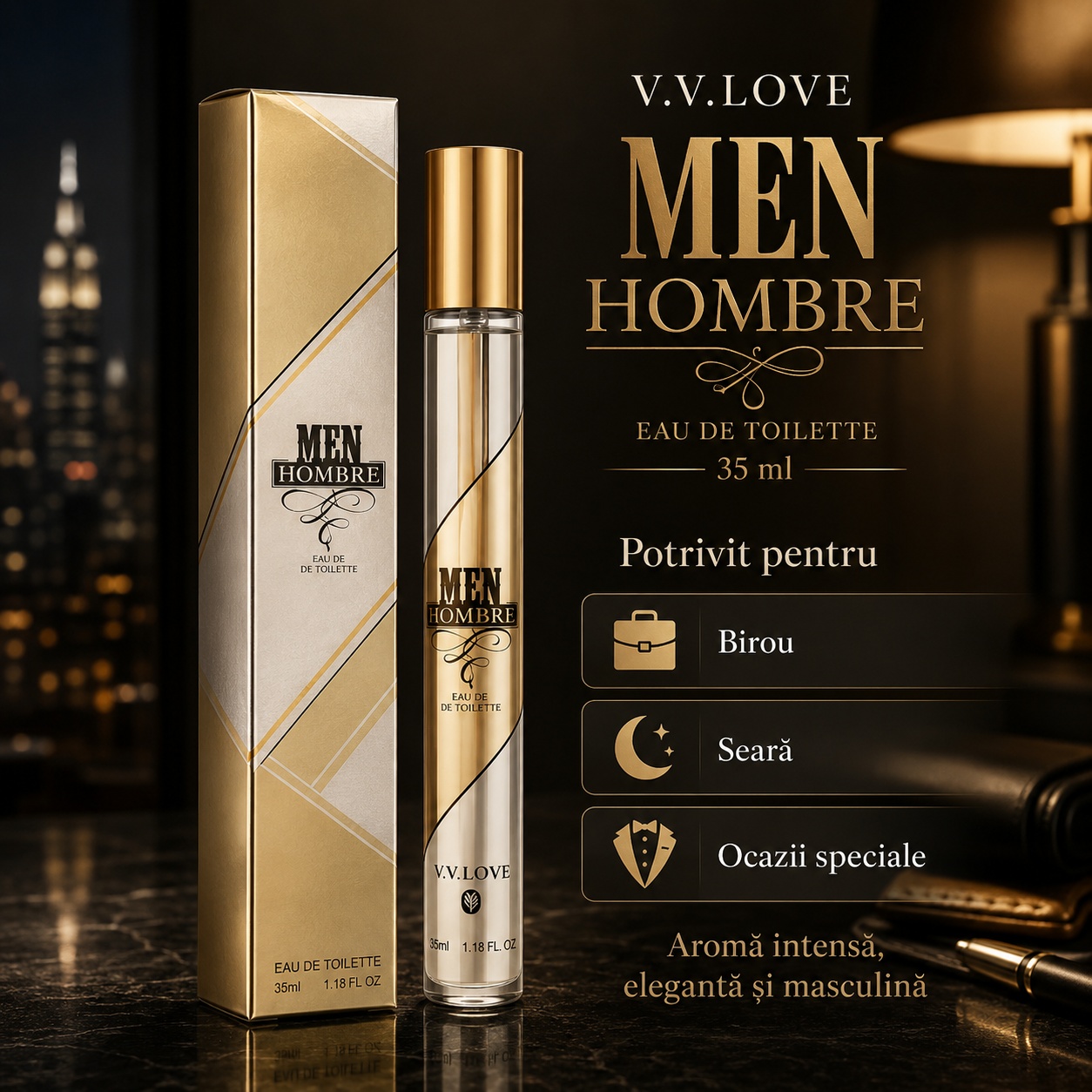 Men Hombre V.V. Love 35 ml parfum bărbătesc cu aromă cald condimentată citrică ambrată și lemnoasă