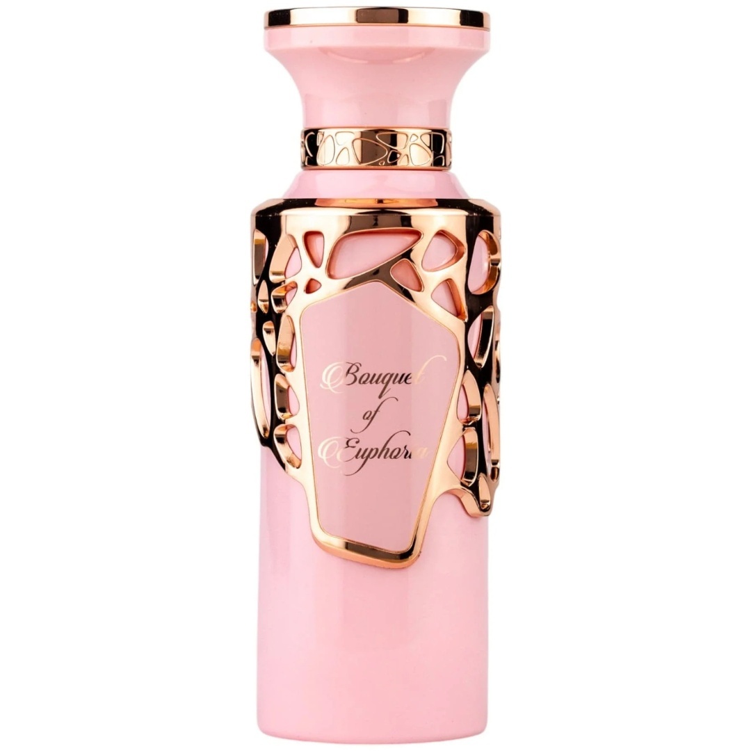 Flacon Bouquet of Euphoria Fragrance World 100 ml roz pudrat cu detalii rose gold pe fundal alb