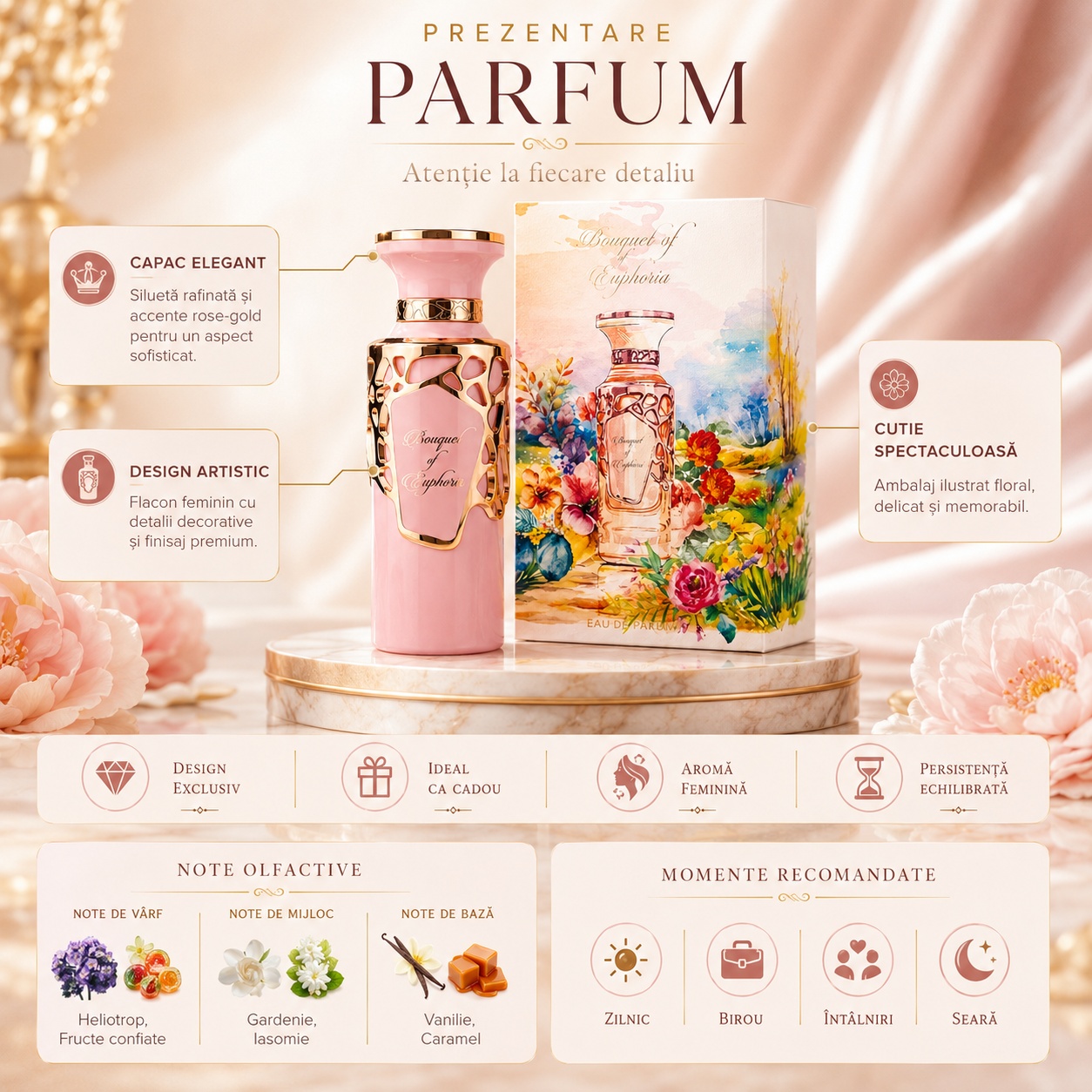 Prezentare parfum Bouquet of Euphoria cu detalii despre capac, design, cutie, note olfactive și momente recomandate