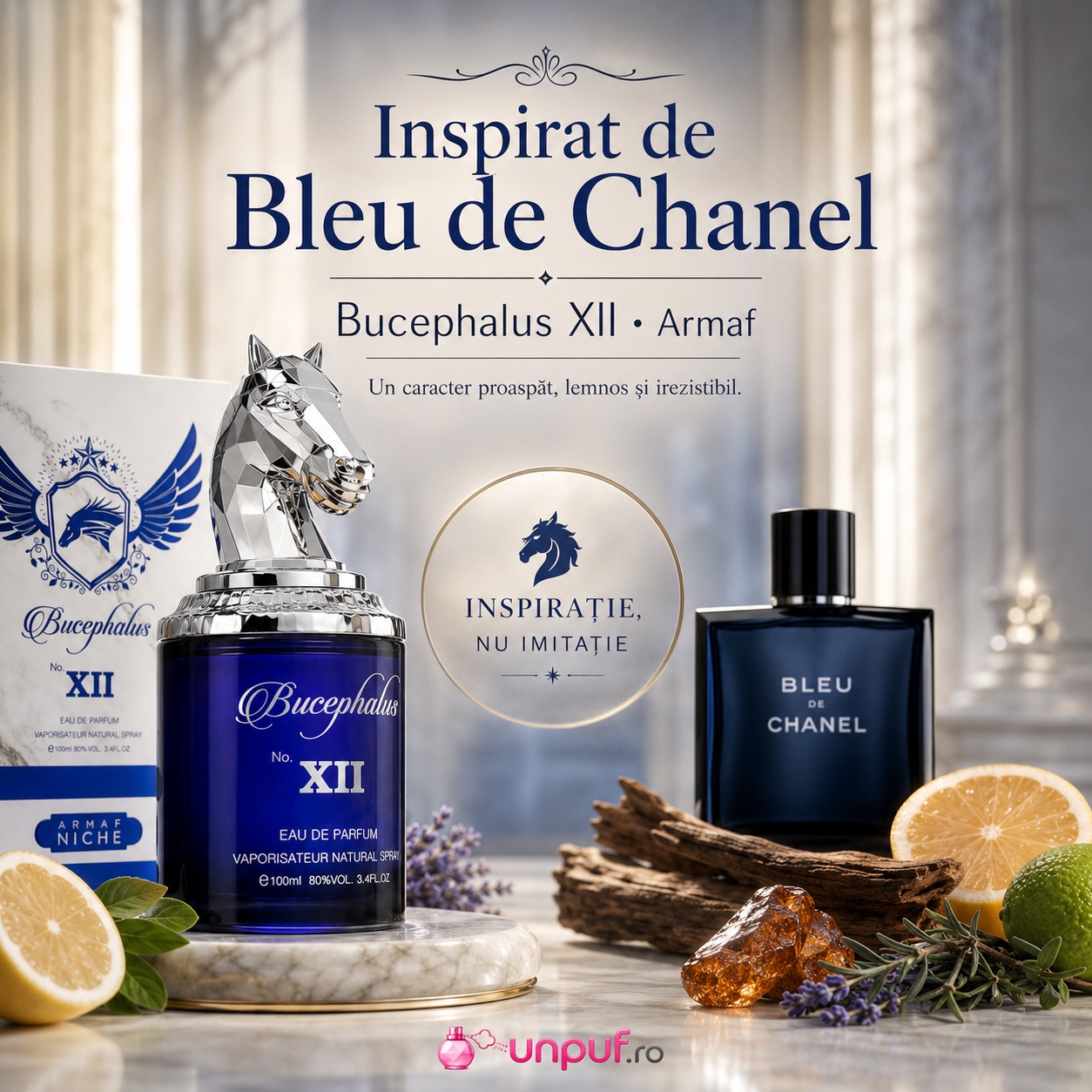 Armaf Bucephalus No. XII inspirat de Bleu de Chanel, parfum proaspăt lemnos și irezistibil