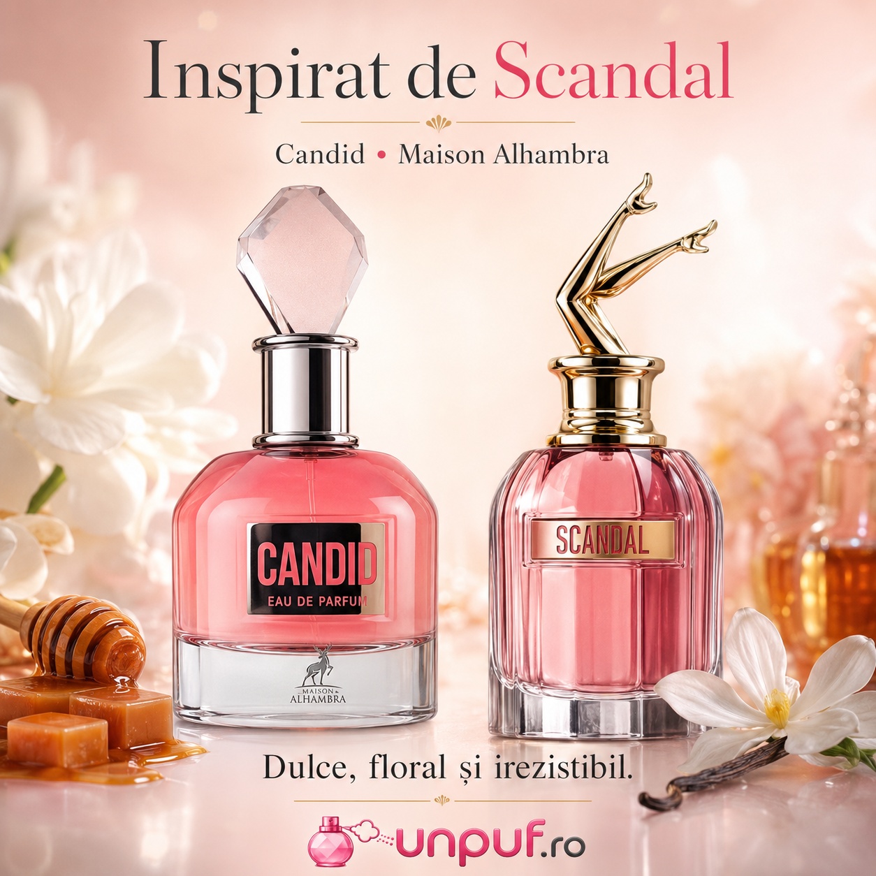 Parfum Candid Maison Alhambra inspirat de Scandal Jean Paul Gaultier, dulce, floral și irezistibil