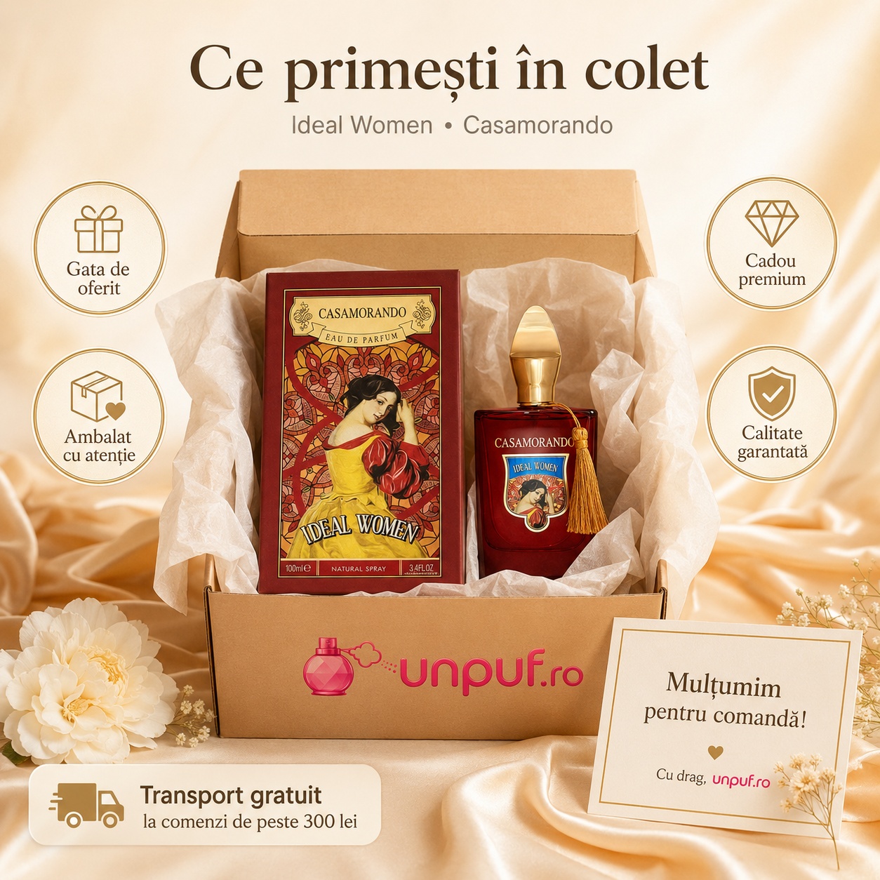 Ce primești în colet Casamorando Ideal Women parfum 100 ml ambalat cu atenție și pregătit pentru cadou