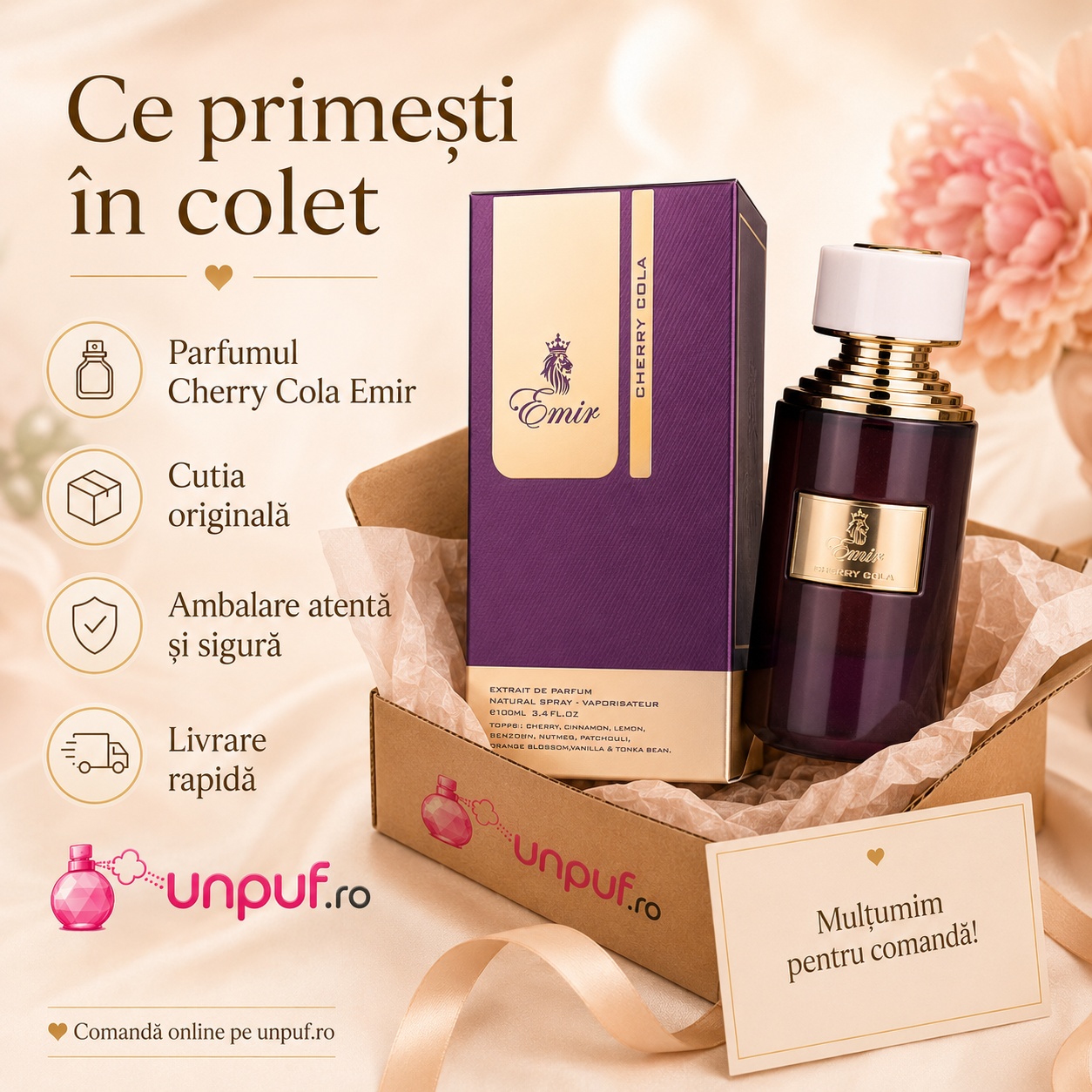 Ce primești &icirc;n colet Cherry Cola Emir 75 ml parfum original cutie originală ambalare atentă și livrare rapidă
