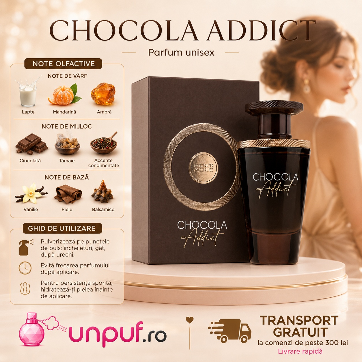 Note olfactive și ghid de utilizare Chocola Addict French Avenue cu lapte, mandarină, ciocolată, tămâie, vanilie, piele și balsamice