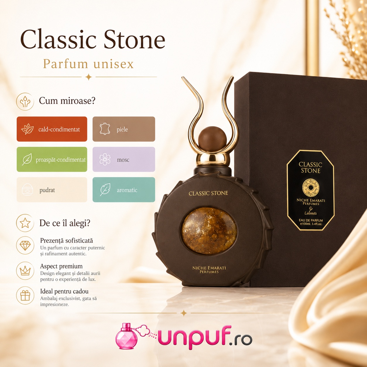 Note olfactive și ghid de utilizare Classic Stone Lattafa cu condimente, piele, mosc, note pudrate, aromatice și lemnoase
