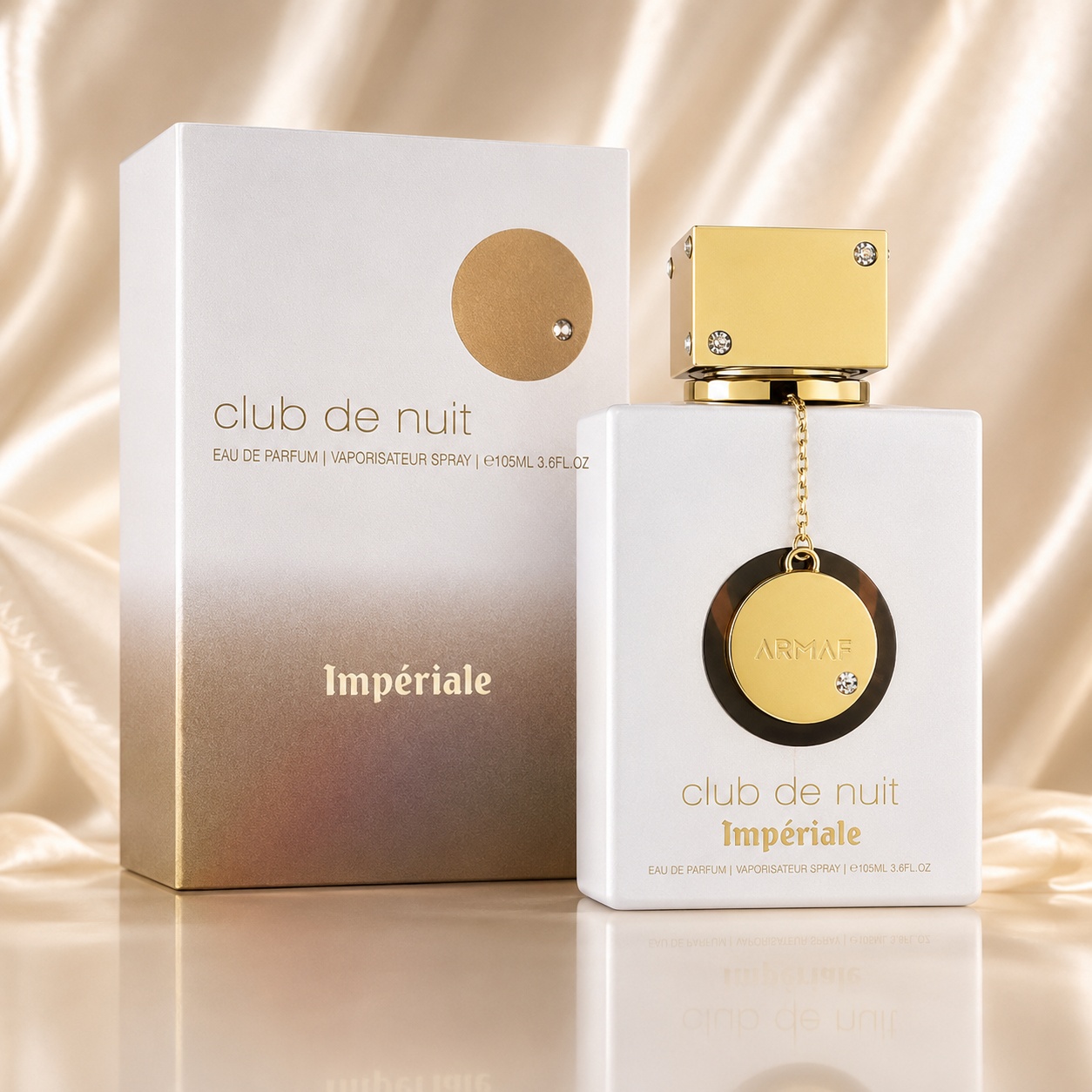 Parfum Arăbesc Club De Nuit Imperiale White Armaf 105 ml cu flacon alb perlat, capac auriu și cutie premium alb aurie