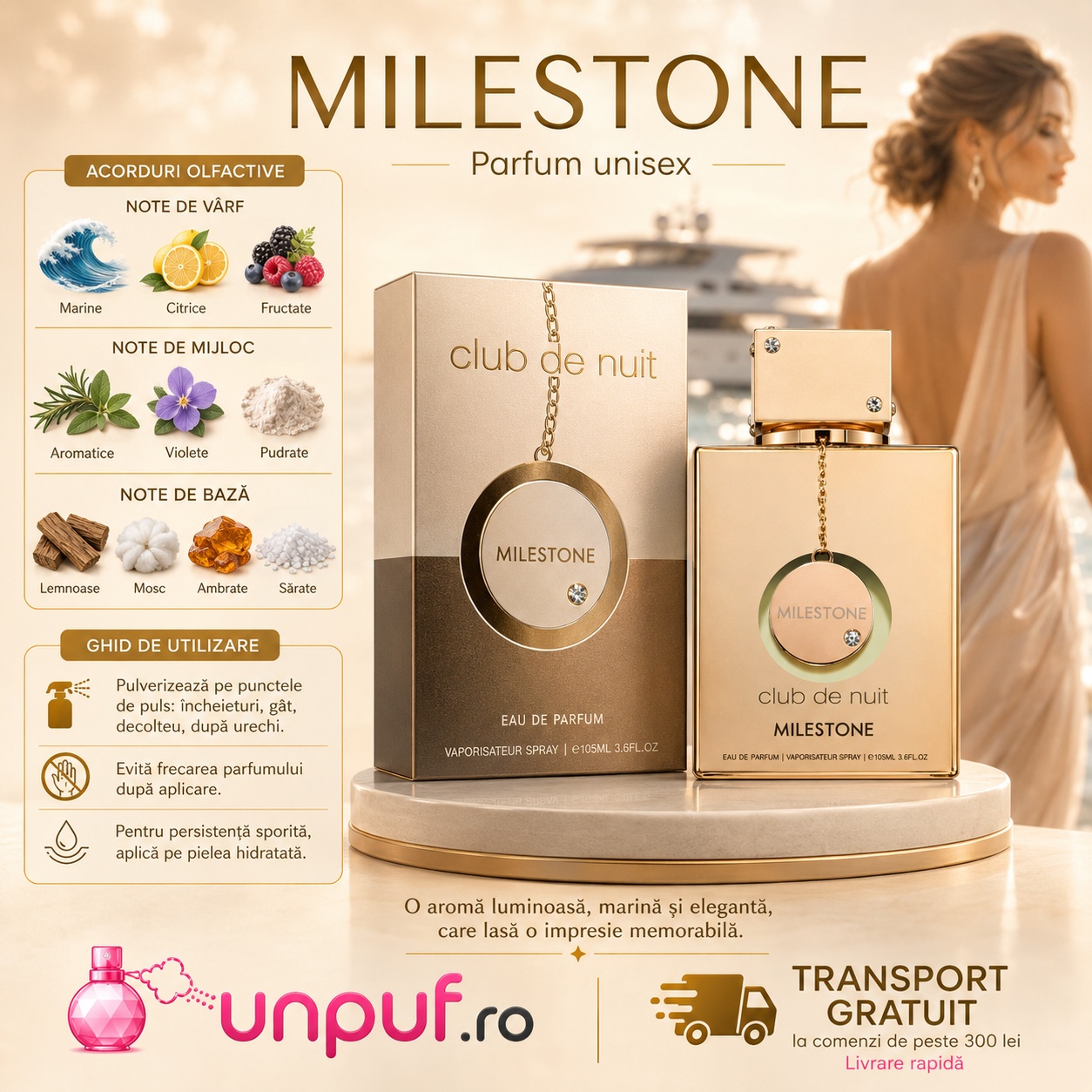 Milestone Armaf parfum unisex cu acorduri marine, citrice, fructate, aromatice, violetă, pudrate, lemnoase, mosc, ambrate și sărate