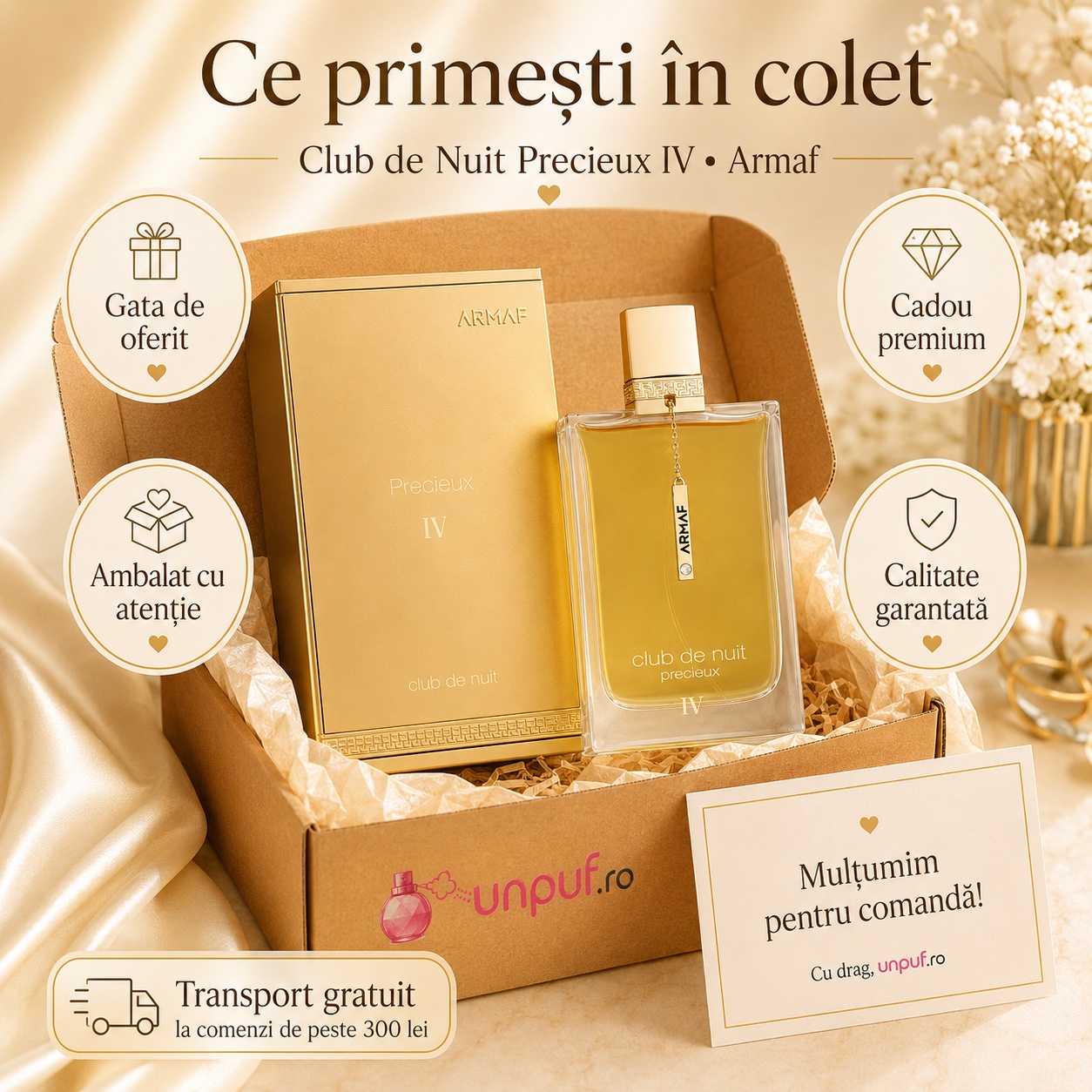 Ce primești &icirc;n colet Armaf Club De Nuit Precieux IV 55 ml parfum original cutie premium și ambalare atentă