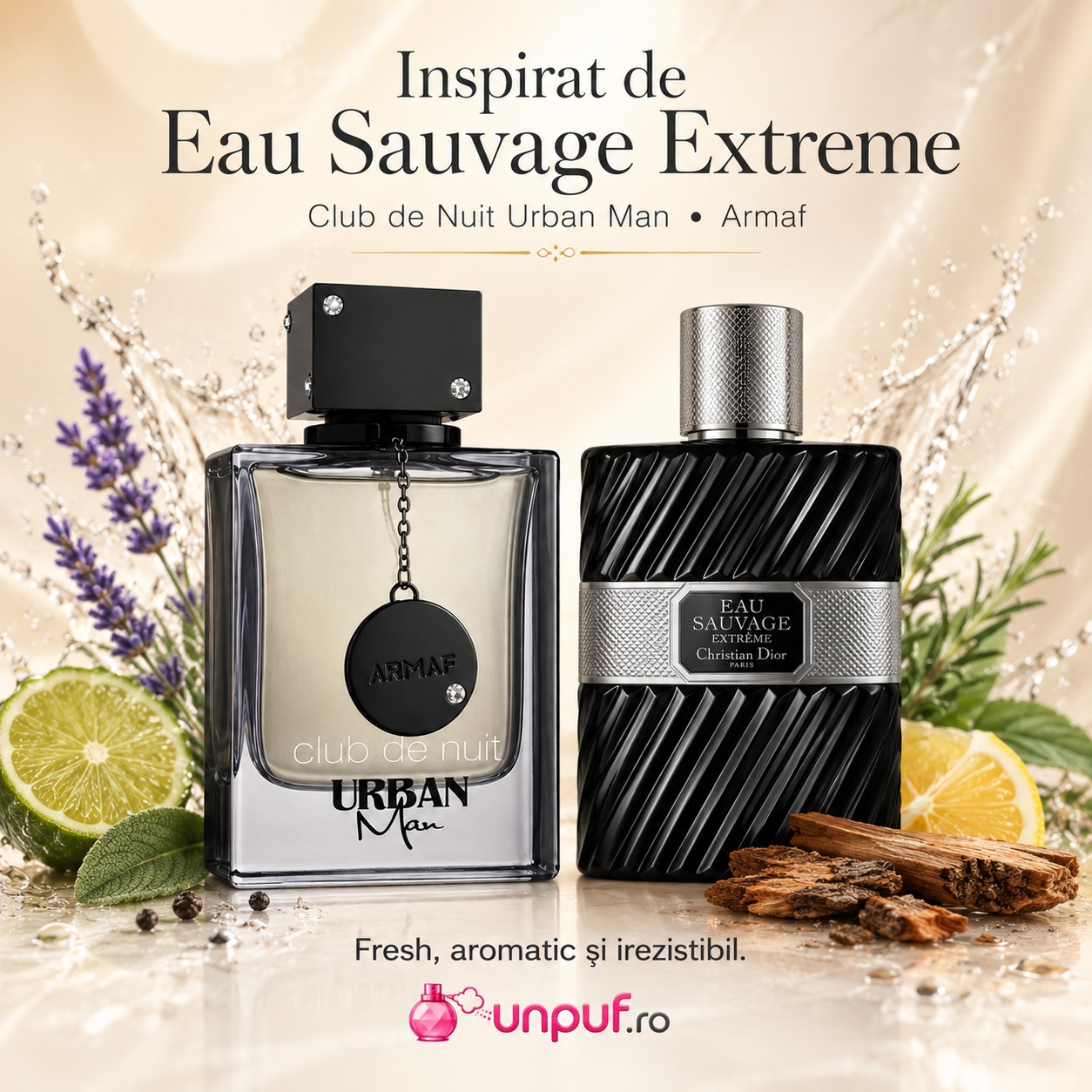 Armaf Club De Nuit Urban Man imagine comparativă cu Eau Sauvage Extreme, parfum fresh aromatic și irezistibil