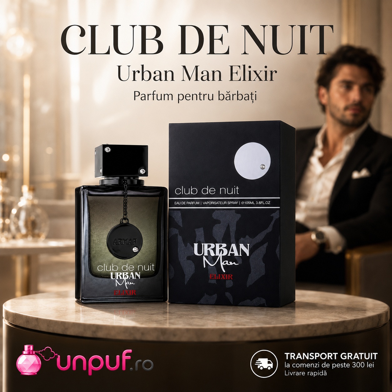 Club De Nuit Urban Man Elixir Armaf parfum pentru bărbați cu prezentare premium neagră și aromă intensă