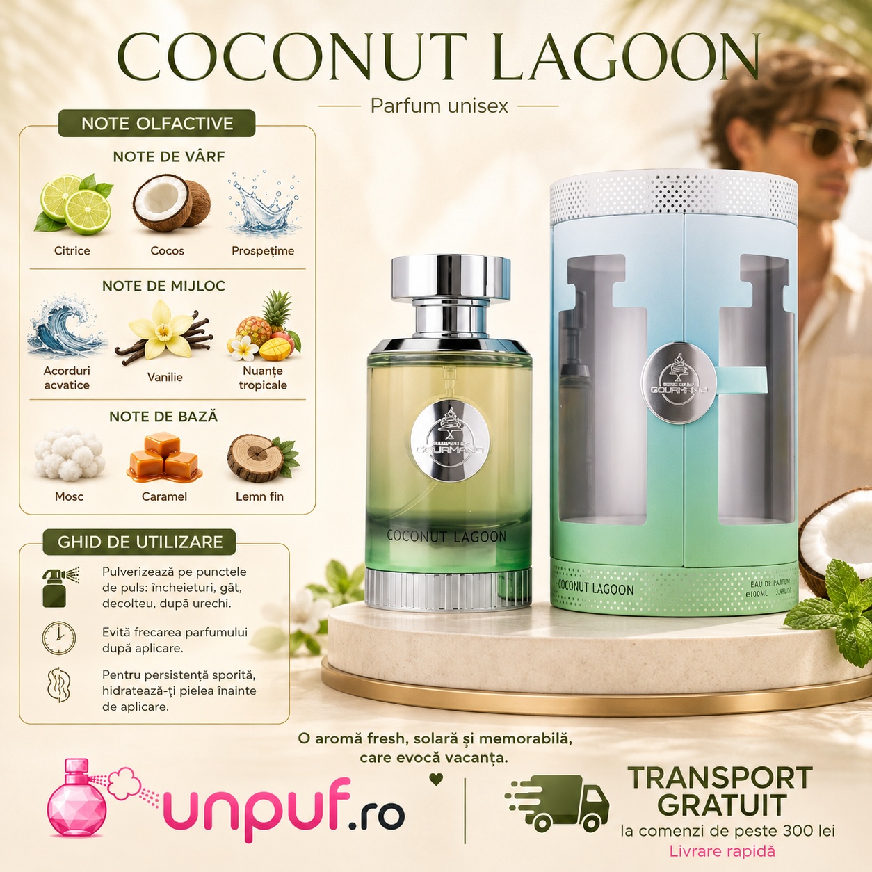 Profil olfactiv Coconut Lagoon cu note de citrice, cocos, acorduri acvatice, vanilie, caramel, mosc și lemn fin