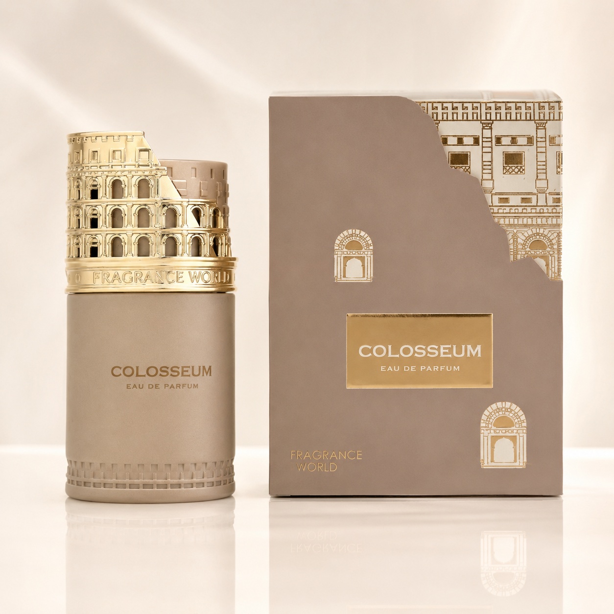 Parfum Arăbesc Colosseum Fragrance World 100 ml unisex cu flacon bej, capac auriu inspirat de Colosseum și cutie premium