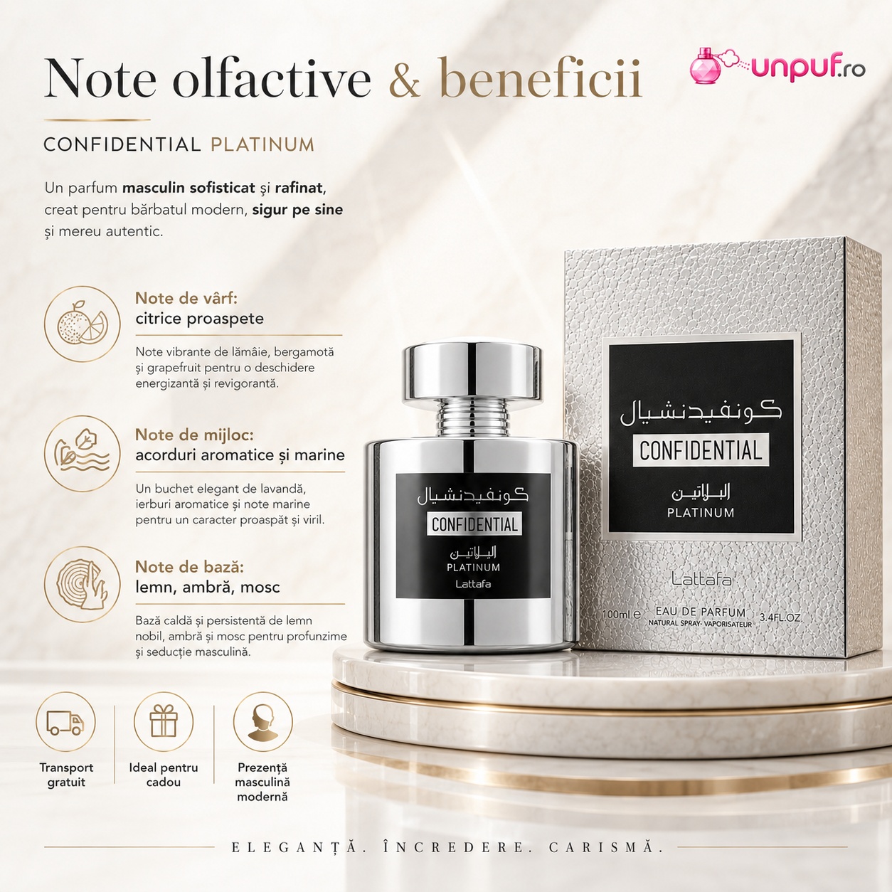 Note olfactive și beneficii Confidential Platinum Lattafa cu citrice proaspete, acorduri aromatice marine, lemn, ambră și mosc