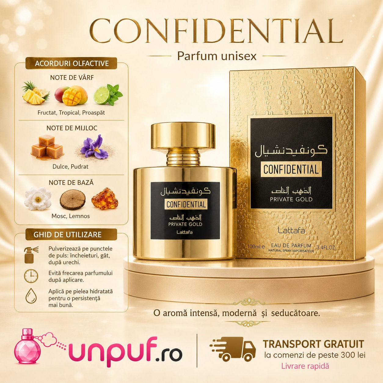 Note olfactive și ghid de utilizare Confidential Private Gold Lattafa cu note fructate tropicale, dulci, pudrate, moscate și lemnoase