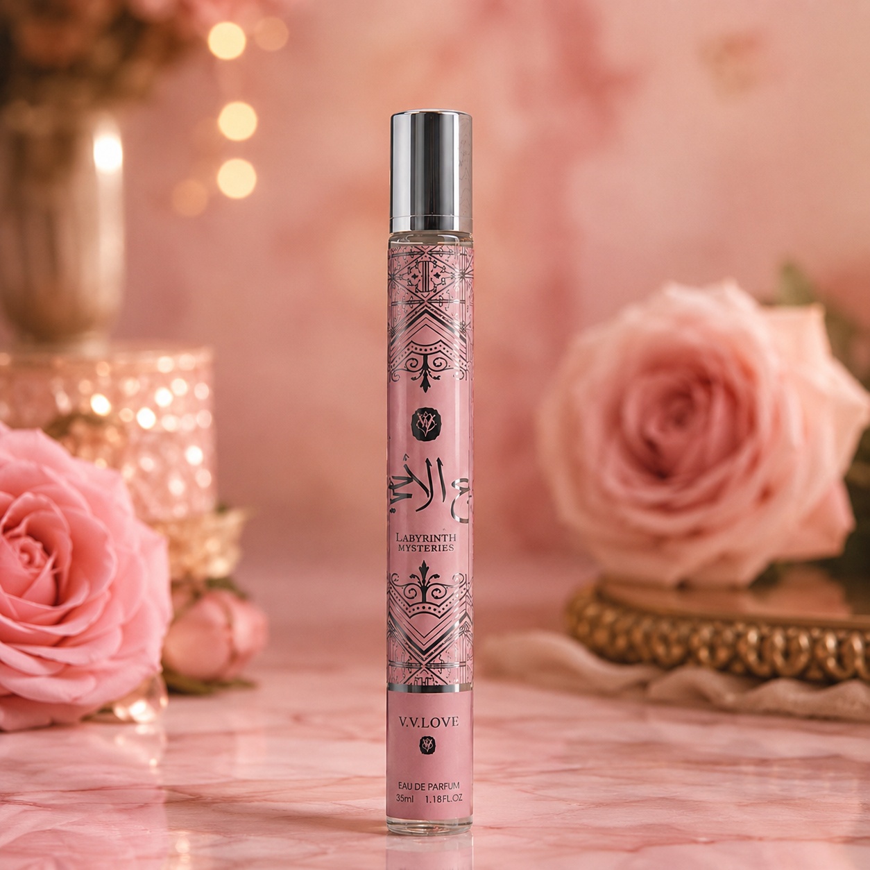 Labyrinth Mysteries V.V. Love 35 ml sticla parfum damă pe fundal roz premium