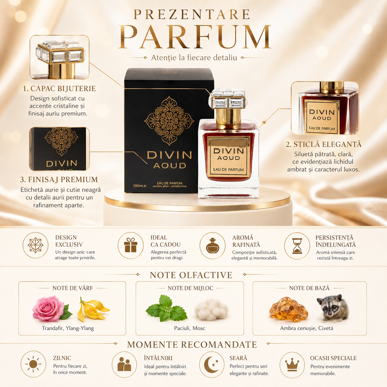Prezentare Divin Aoud cu capac bijuterie, sticlă elegantă, finisaj premium, aromă rafinată, persistență &icirc;ndelungată și note de trandafir, ylang ylang, paciuli, mosc, ambră cenușie și civetă