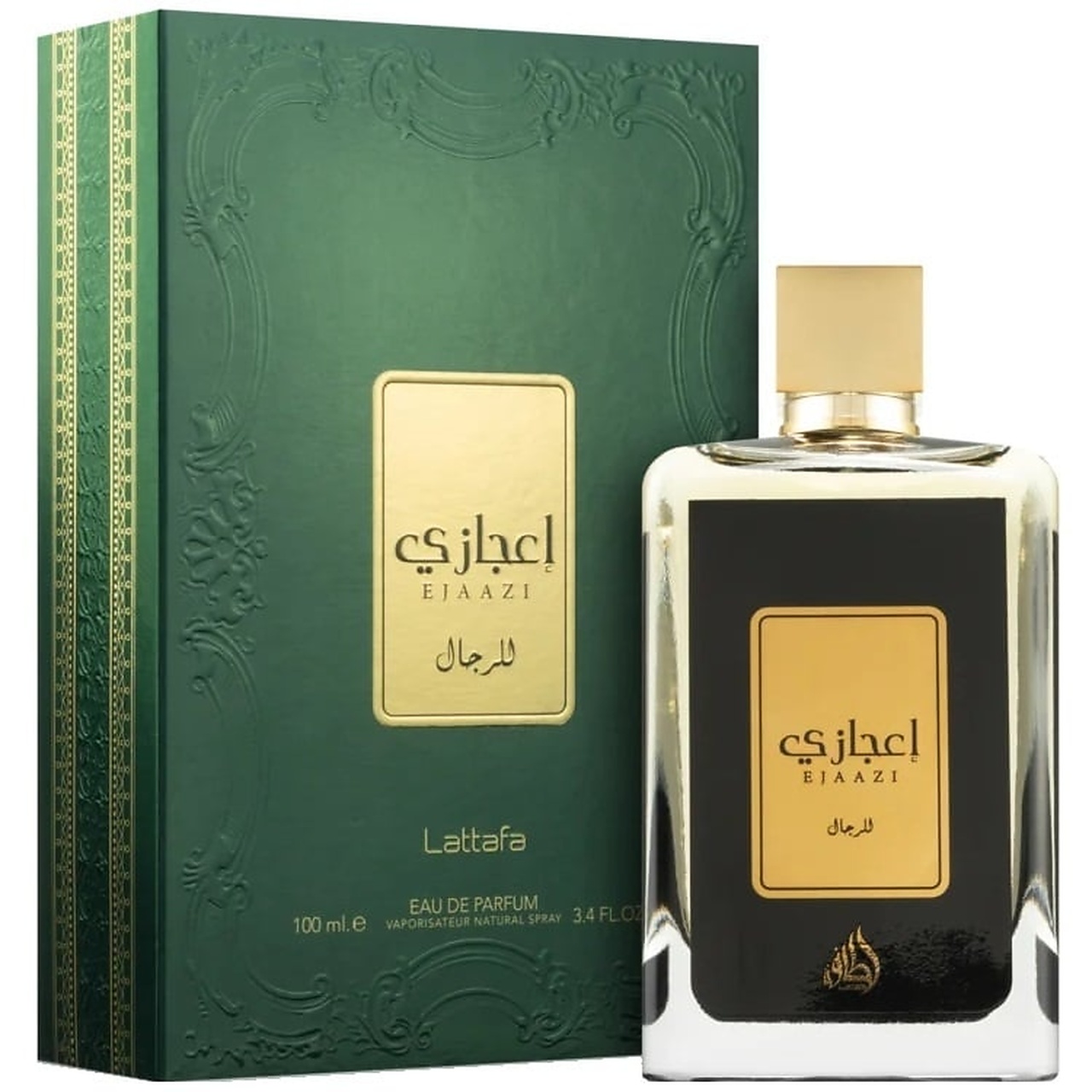 Cutie originală Ejaazi Lattafa 100 ml și flacon parfum arabesc bărbătesc