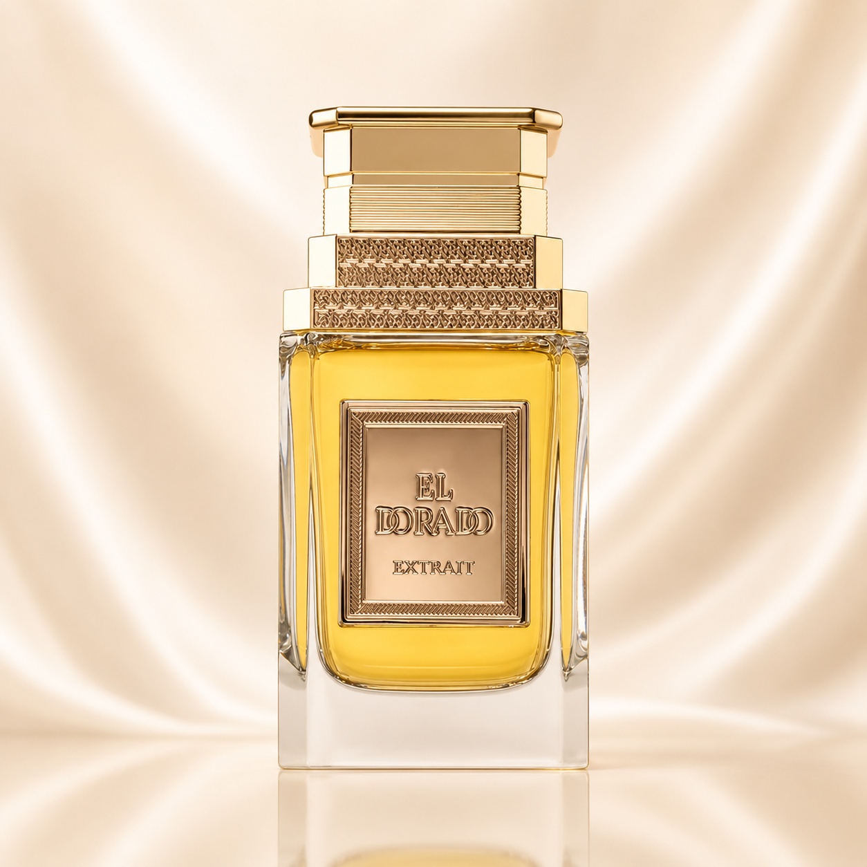 Sticlă parfum El Dorado Extract de Parfum 100 ml pe fundal satinat auriu premium