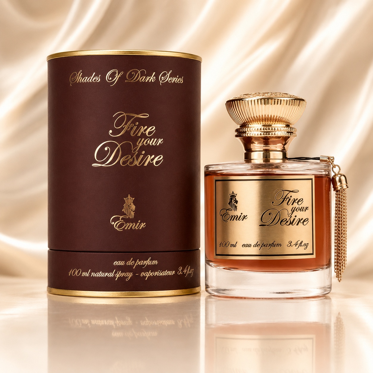 Parfum Arăbesc Emir Fire Your Desire 100 ml cu flacon ambrat, capac auriu elegant și cutie brună premium
