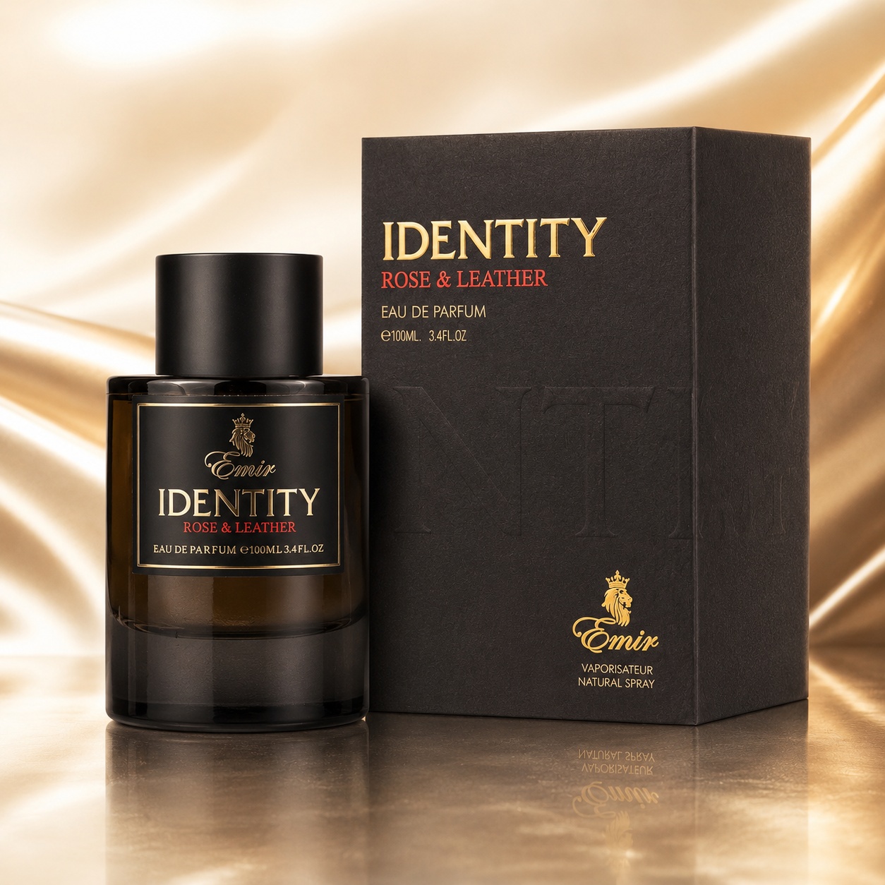 Parfum Arăbesc Emir Identity Rose & Leather 100 ml cu flacon fumuriu negru, etichetă negru aurie și cutie neagră premium