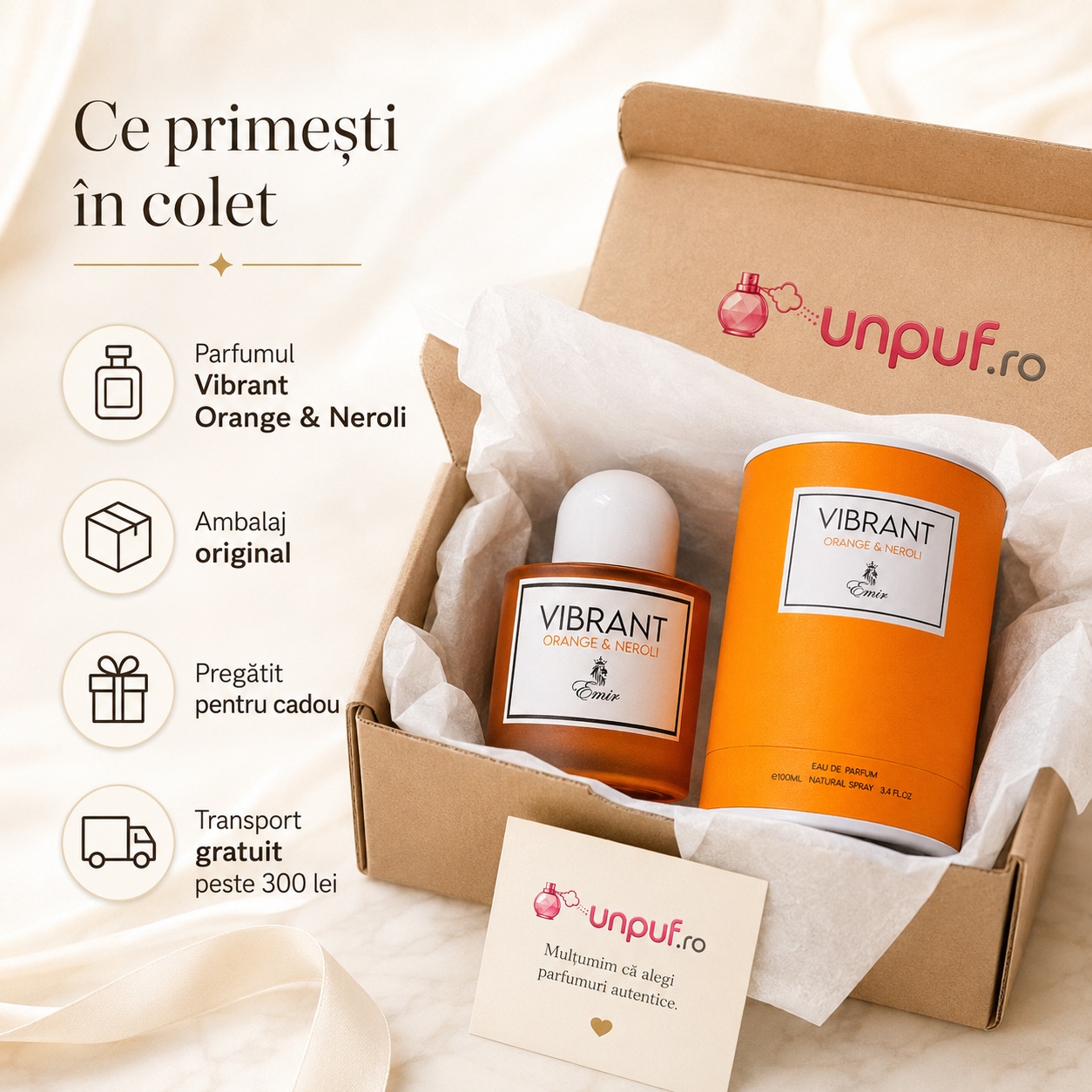 Ce primești &icirc;n colet Parfum Emir Vibrant Orange And Neroli 100 ml ambalat cu atenție gata de oferit cadou
