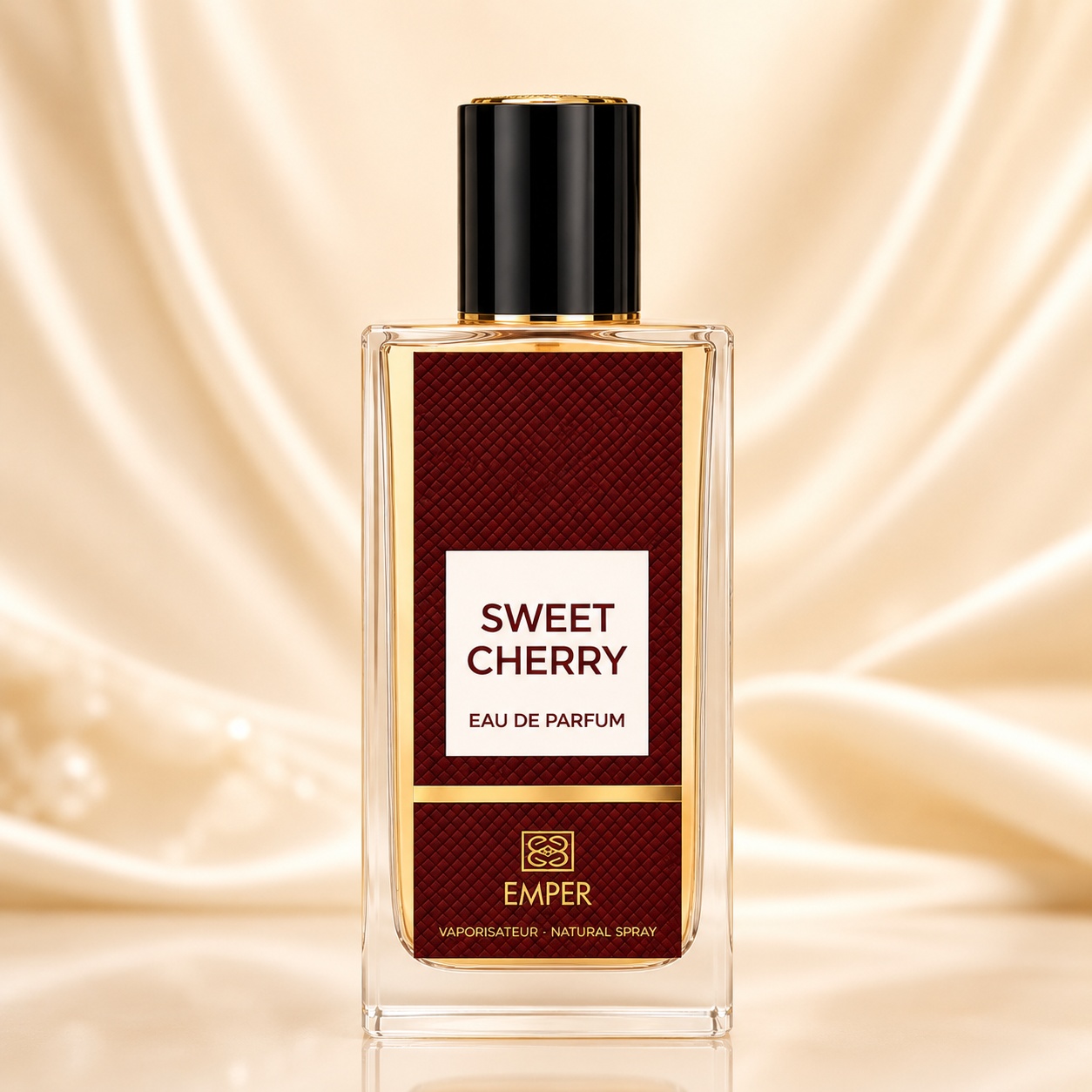 Sticlă parfum Sweet Cherry Emper 85 ml pe fundal satinat crem premium