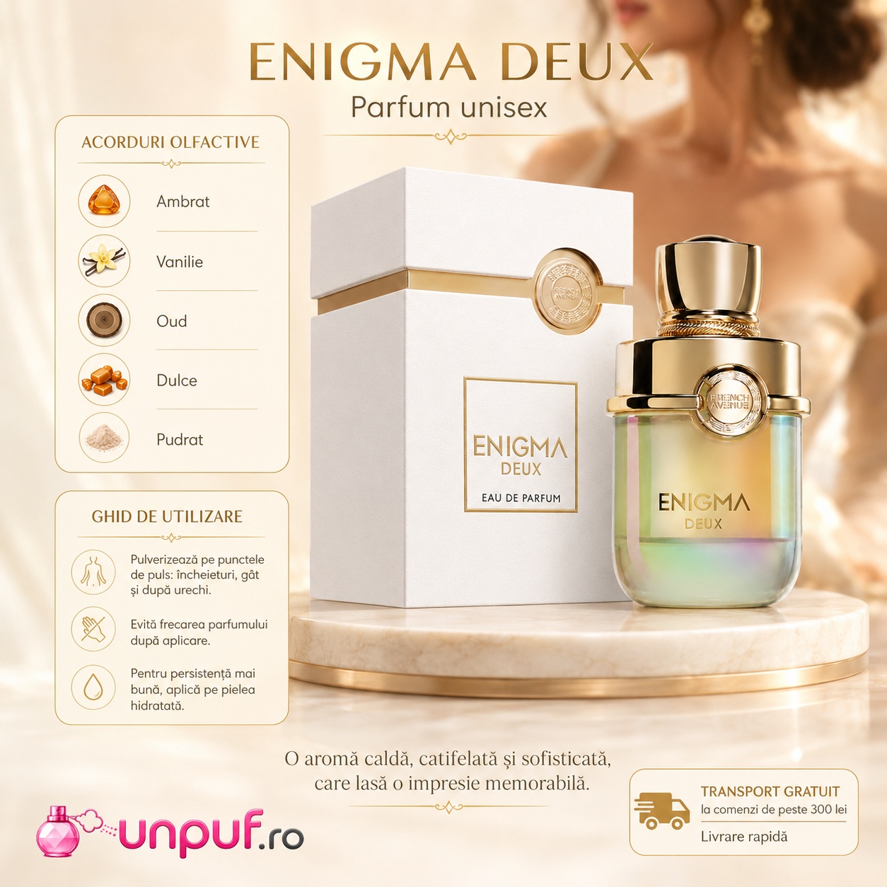 Note olfactive și ghid de utilizare Enigma Deux French Avenue cu acorduri ambrate, vanilate, oud, dulci și pudrate