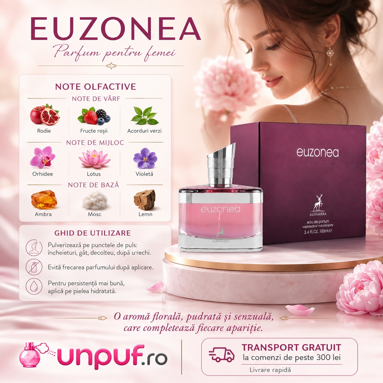 Note olfactive și ghid de utilizare Euzonea Maison Alhambra cu rodie, fructe roșii, acorduri verzi, orhidee, lotus, violetă, ambră, mosc și lemn