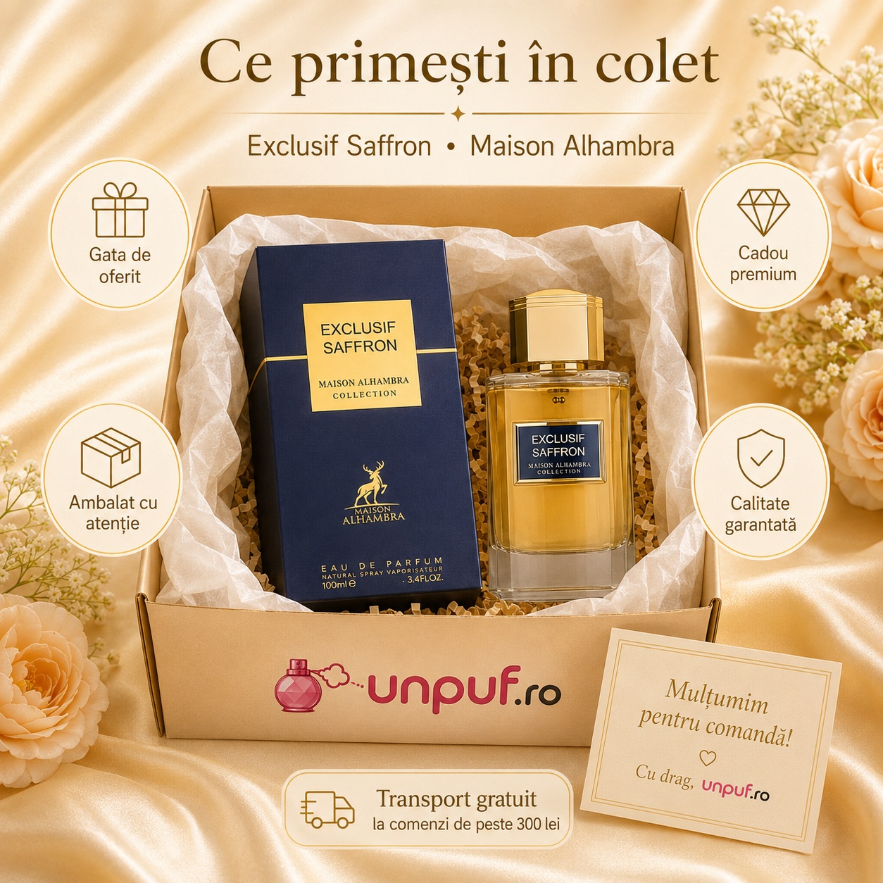 Colet parfum Exclusif Saffron Maison Alhambra ambalat cu atenție, gata de oferit cadou premium
