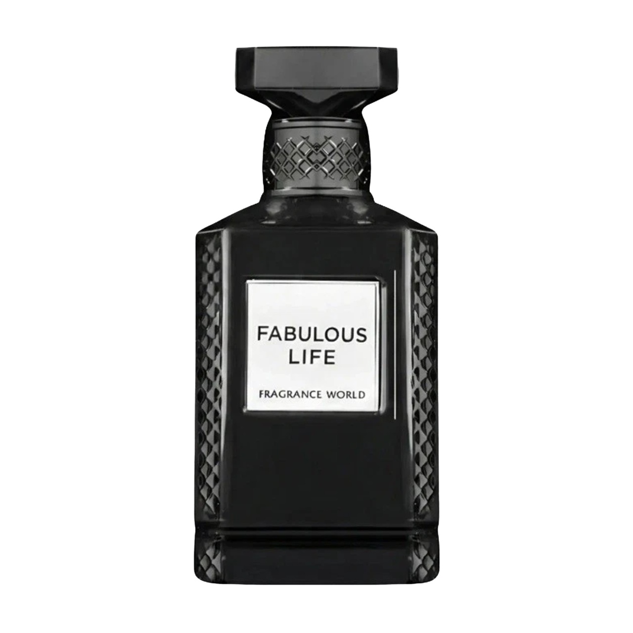 Flacon original Fabulous Life Fragrance World 80 ml negru lucios cu etichetă albă, capac negru și detalii laterale fațetate