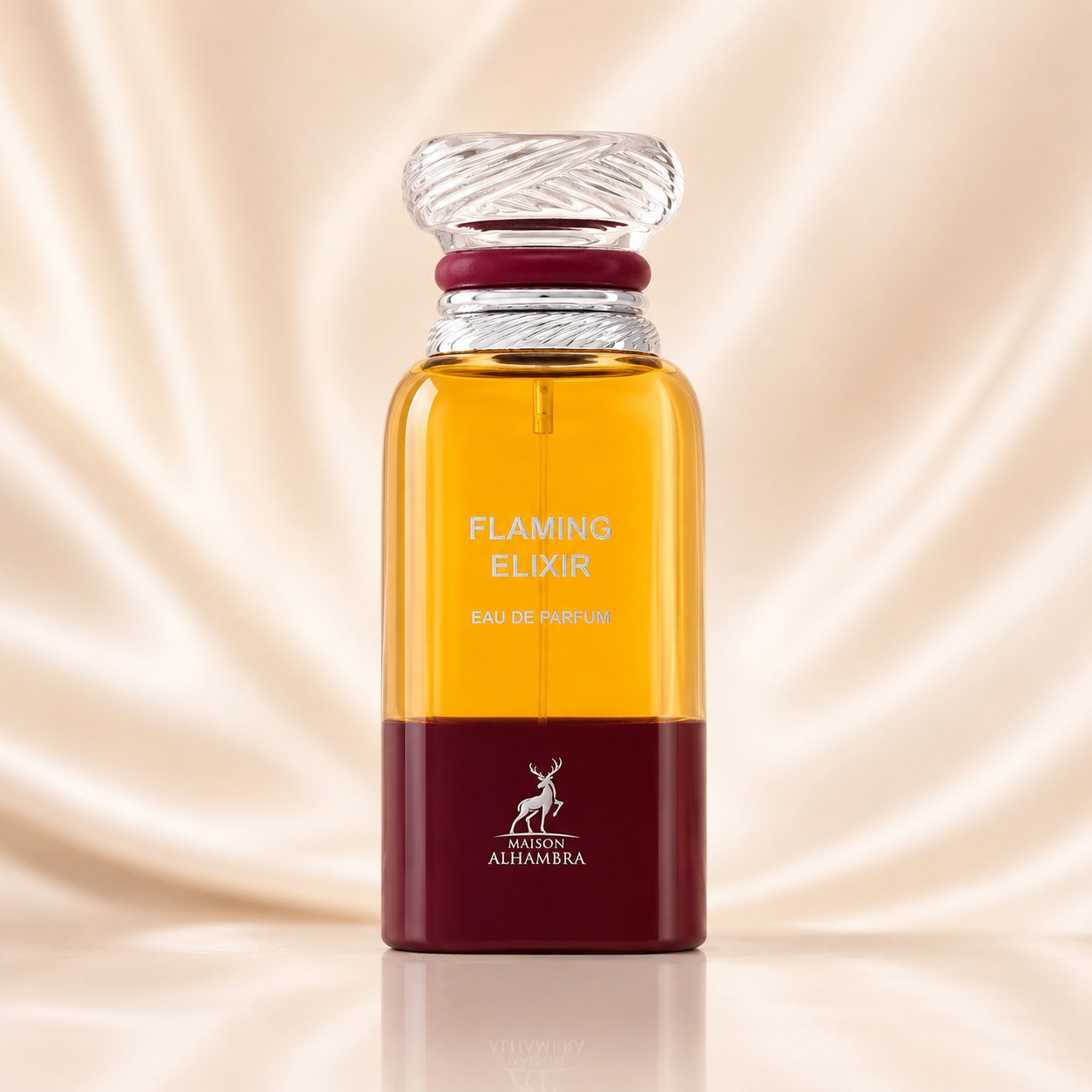 Sticlă parfum Flaming Elixir Maison Alhambra 80 ml pe fundal satinat premium