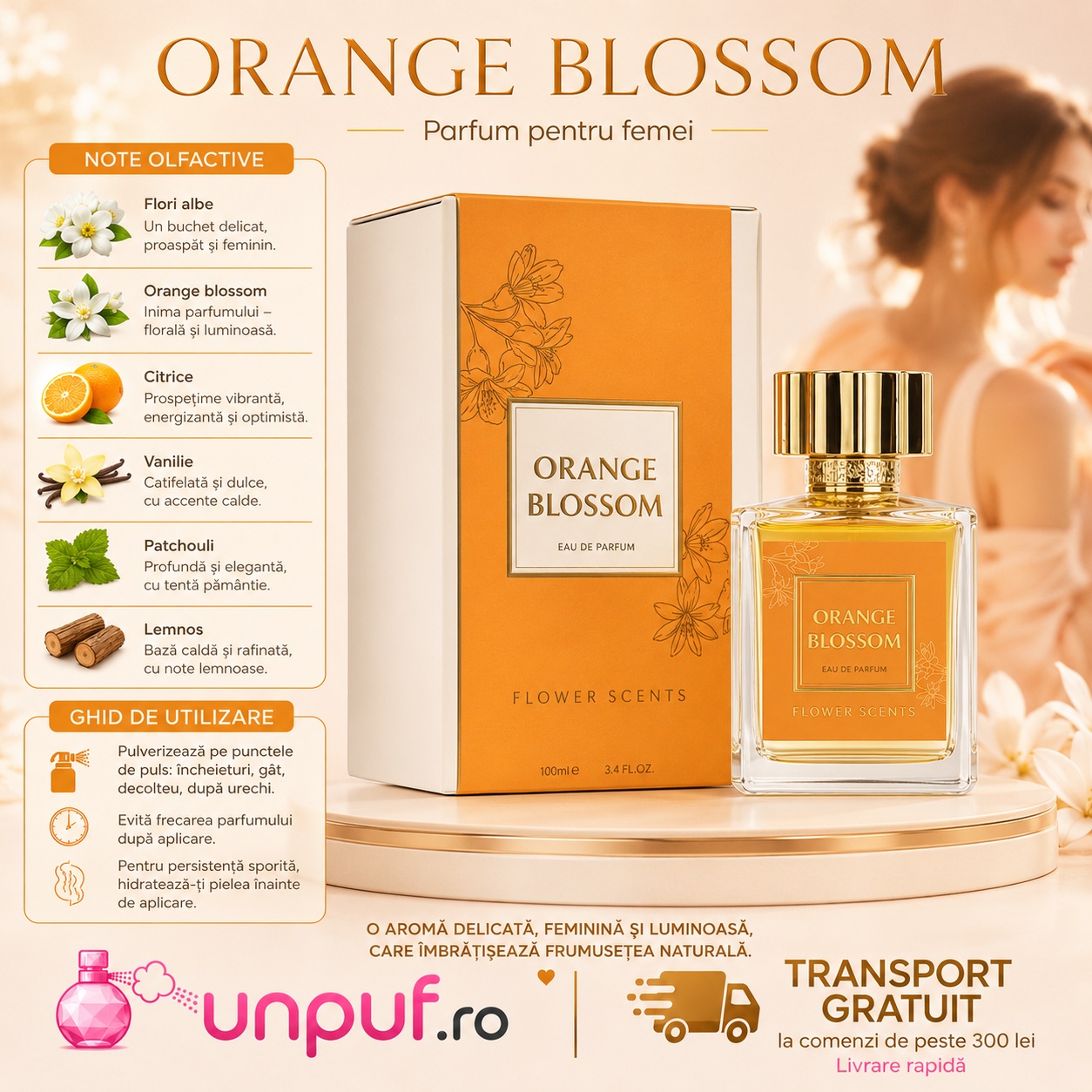 Profil olfactiv Flower Scents Orange Blossom cu flori albe, orange blossom, citrice, vanilie, patchouli și lemnos