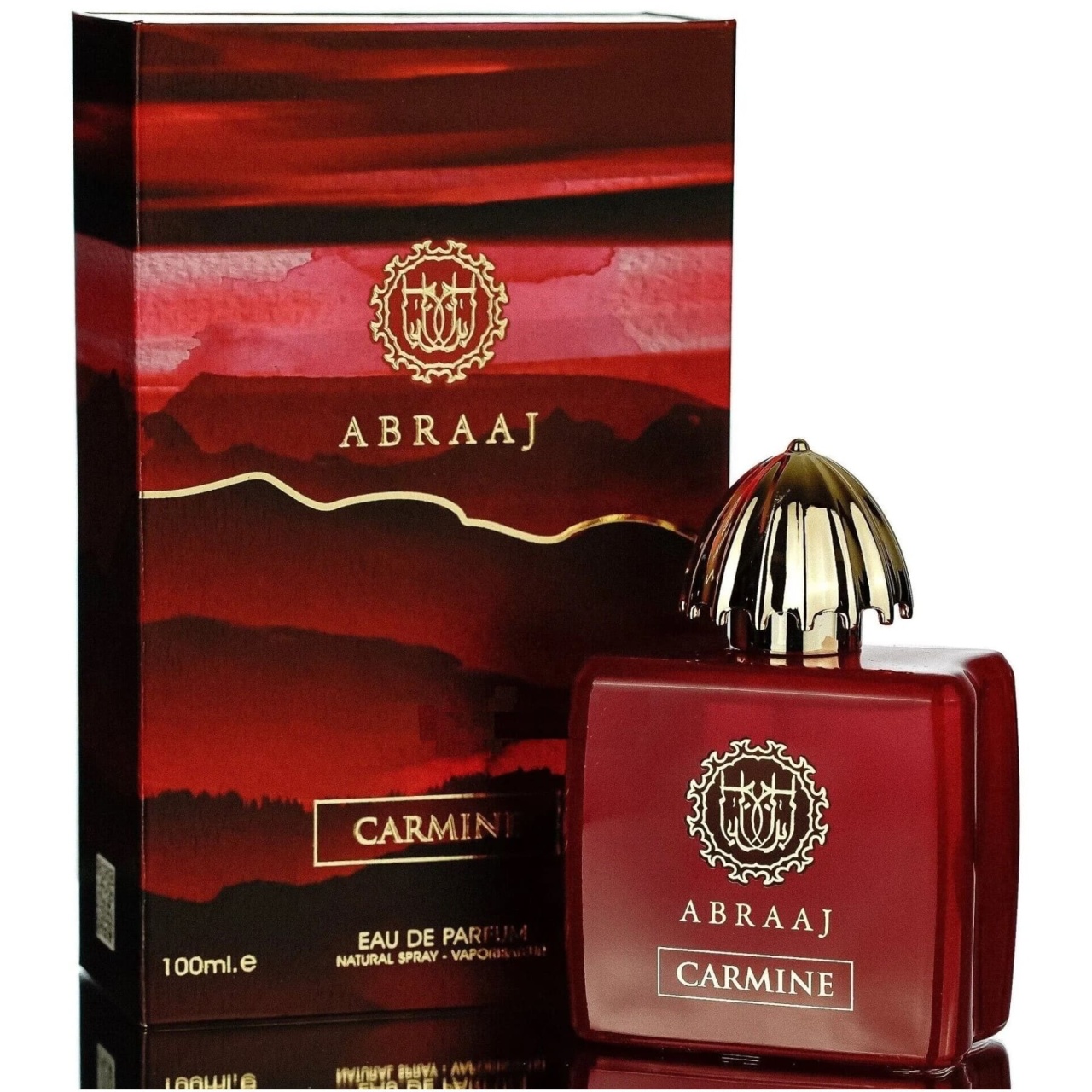 Cutie originală Abraaj Carmine Fragrance World 100 ml și flacon parfum arabesc unisex