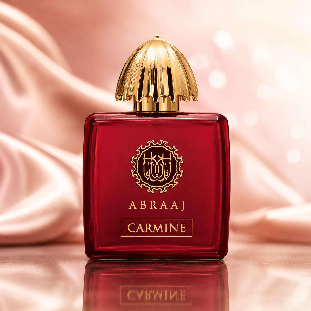 Flacon Abraaj Carmine Fragrance World 100 ml parfum unisex roșu carmin cu capac auriu elegant