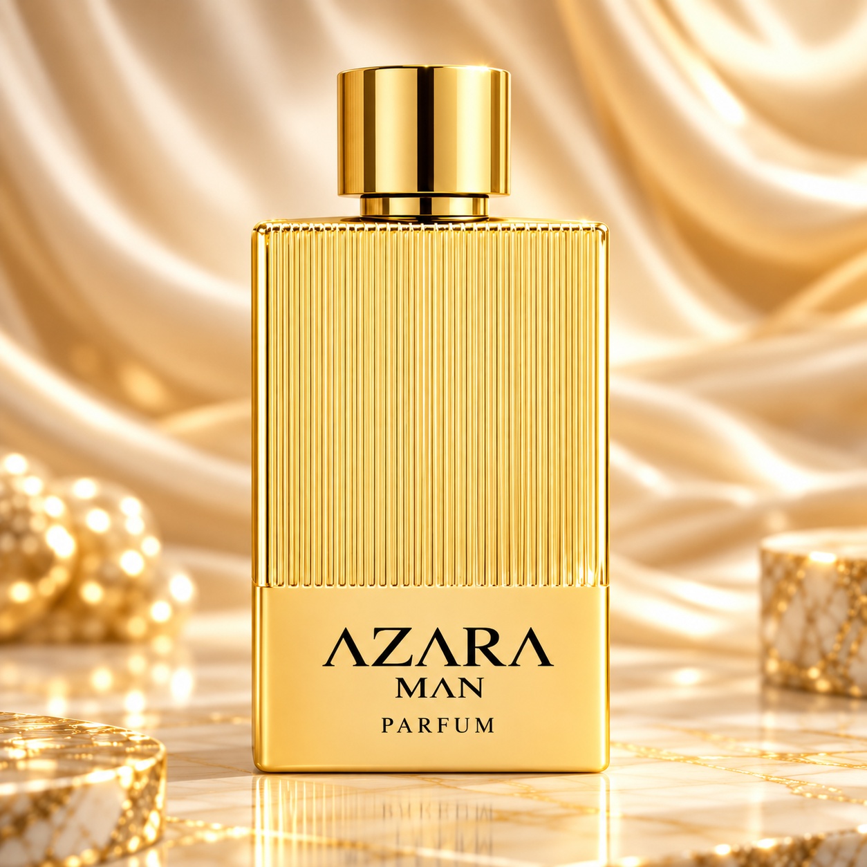 Flacon Azara Man Fragrance World 100 ml auriu cu design striat și capac metalic