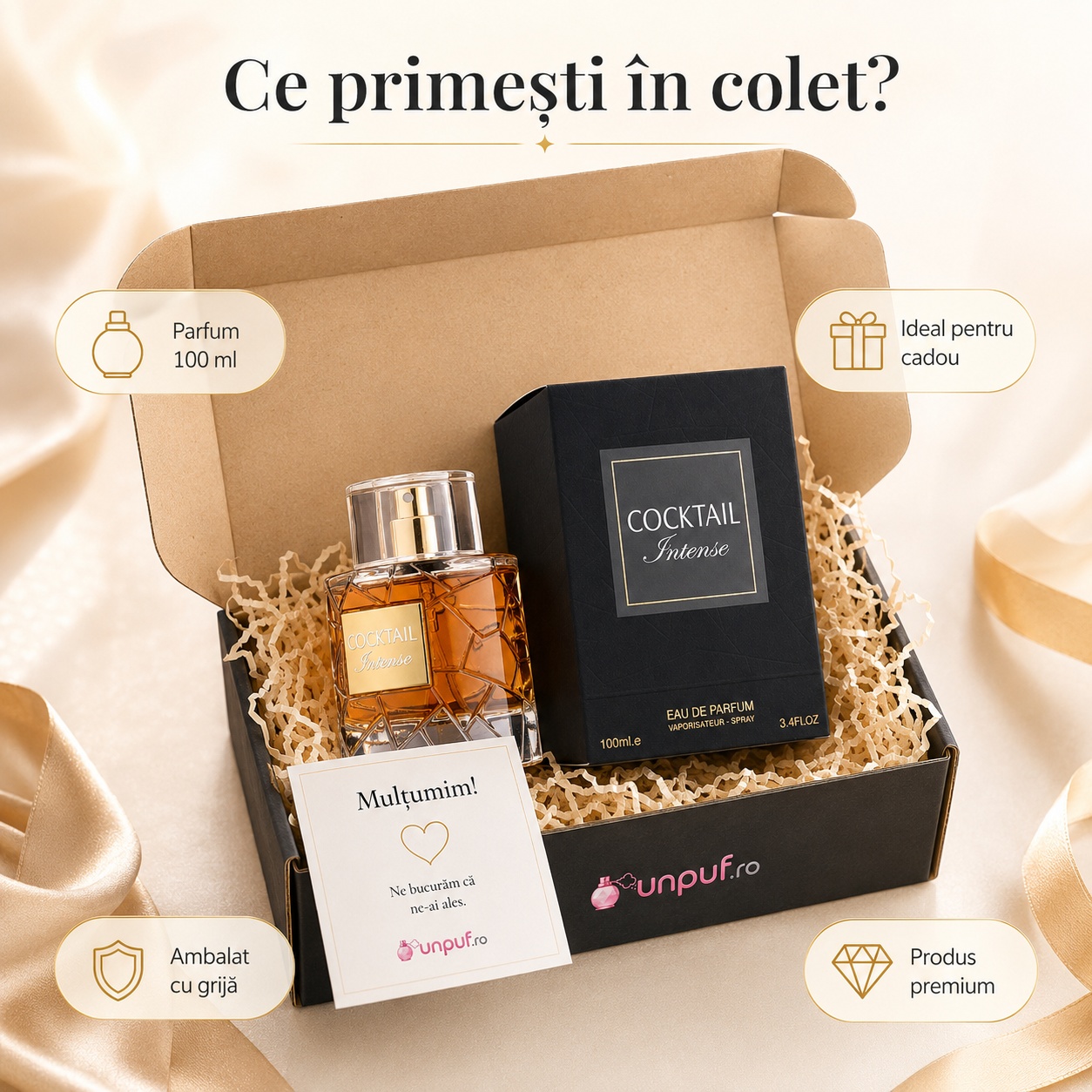 Ce primești în colet Cocktail Intense Fragrance World parfum 100 ml ambalat cu atenție și pregătit pentru cadou