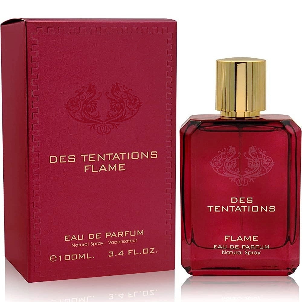 Parfum Fragrance World Des Tentations Flame 100 ml imagine produs pe fundal alb cu flacon și cutie
