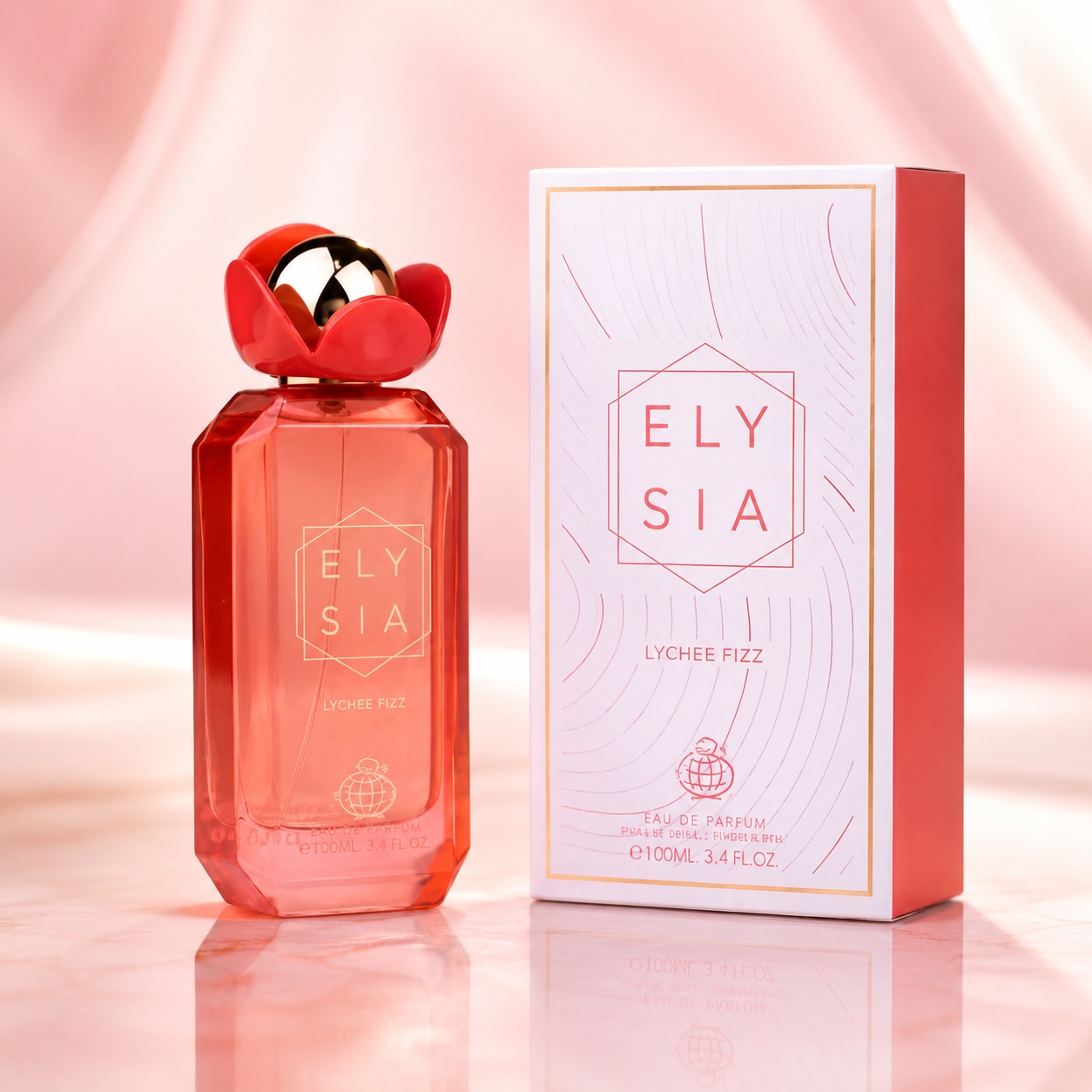 Parfum Arăbesc Fragrance World Elysia Lychee Fizz 100 ml cu flacon roz coral și cutie elegantă