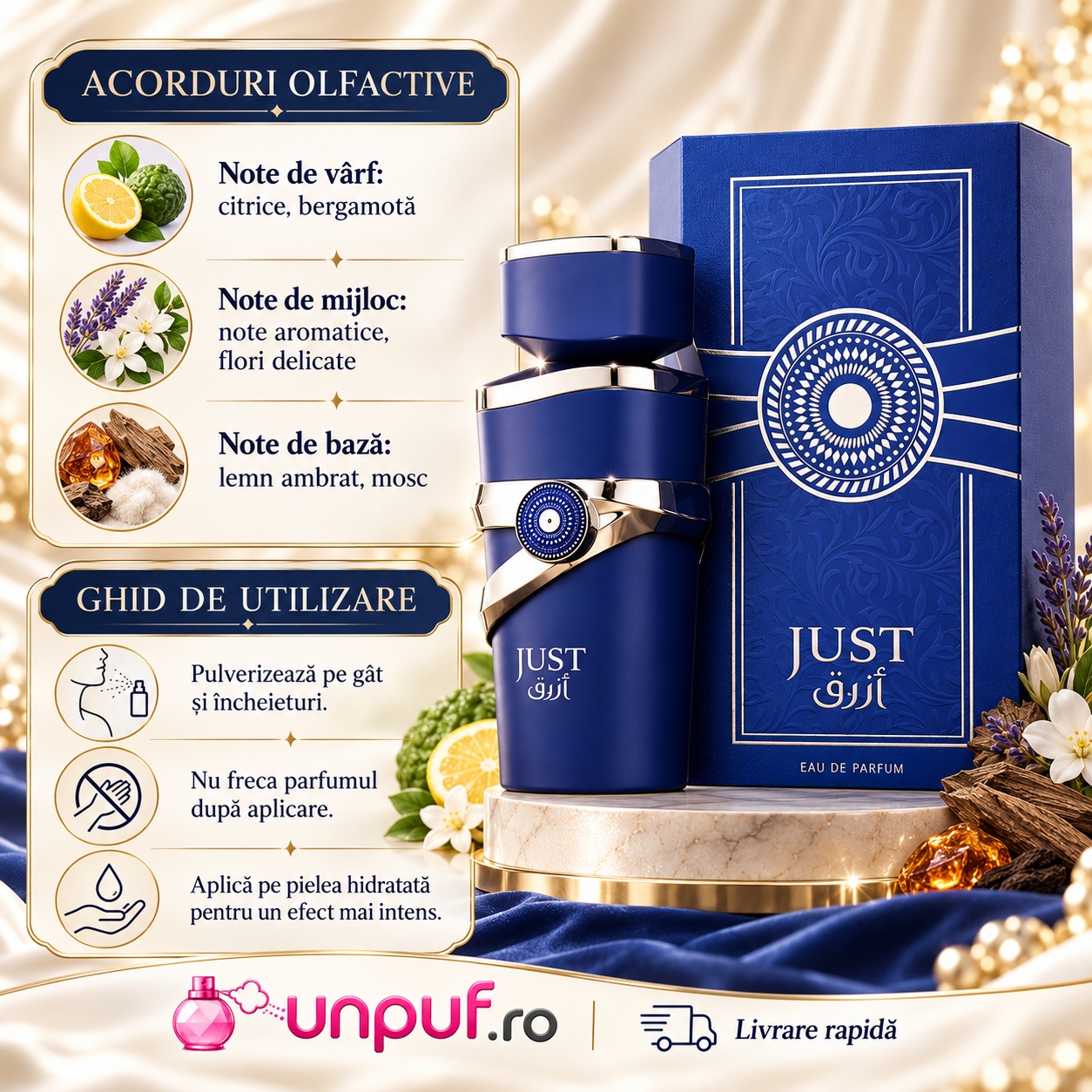 Acorduri olfactive Fragrance World Just Azraq cu citrice lavandă cedru ambră și mosc