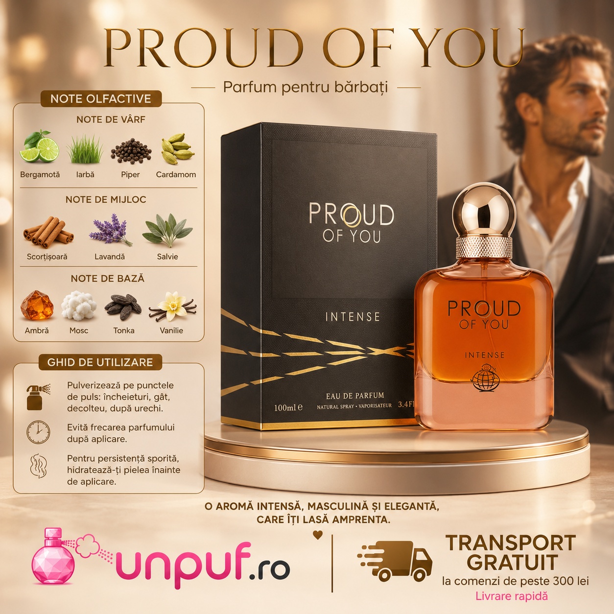 Proud Of You Intense parfum pentru bărbați cu note de bergamotă, iarbă, piper, cardamom, scorțișoară, lavandă, salvie, ambră, mosc, tonka și vanilie