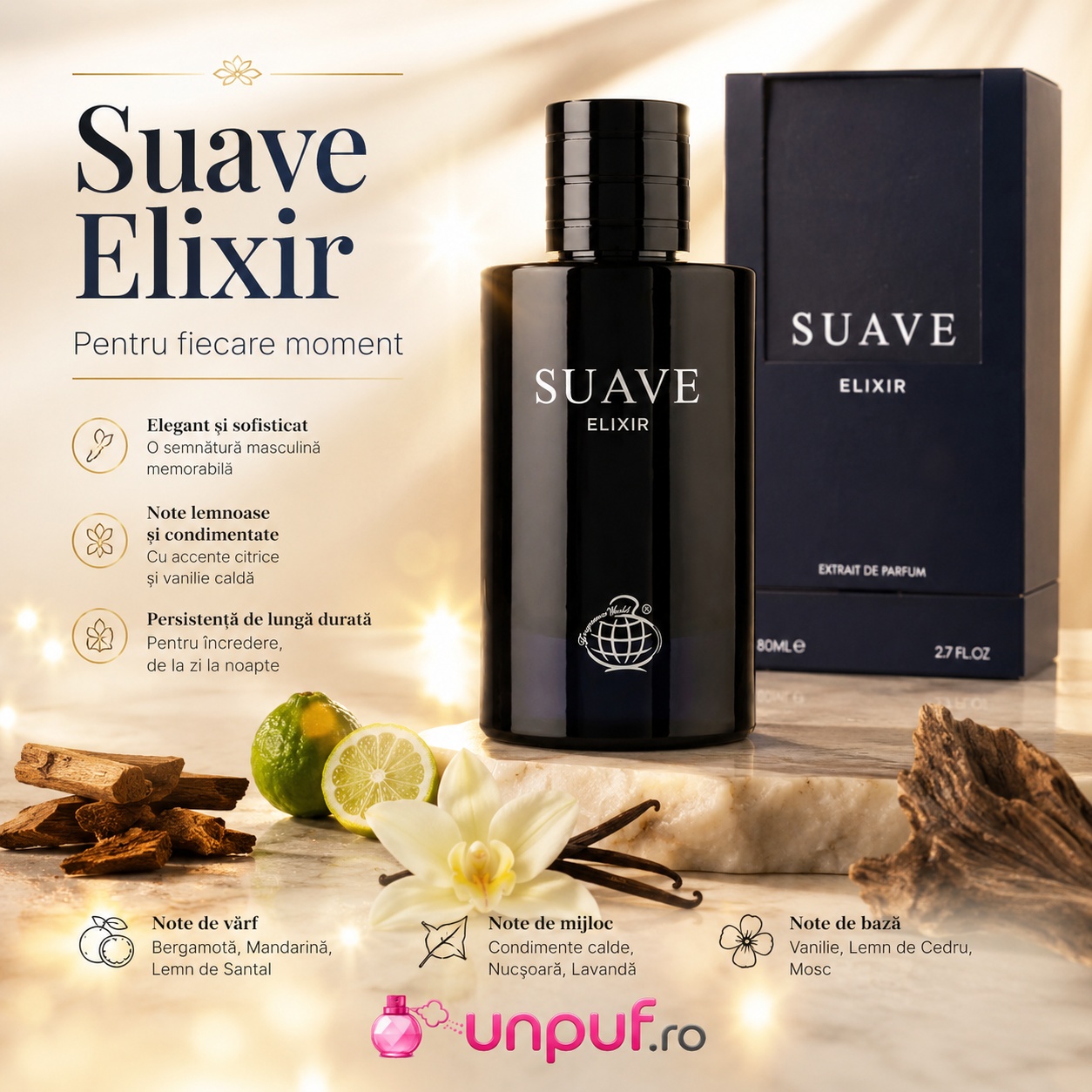 Suave Elixir Fragrance World pentru fiecare moment cu note de bergamotă mandarină lemn de santal cedru vanilie și mosc