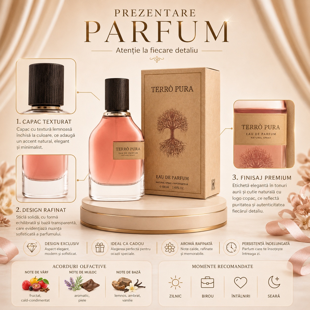 Prezentare parfum Fragrance World Terro Pura cu flacon, cutie premium, note olfactive și momente recomandate