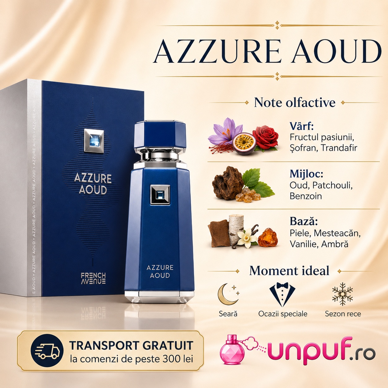 Note olfactive Azzure Aoud French Avenue cu șofran, trandafir, oud, patchouli, ambră și mosc