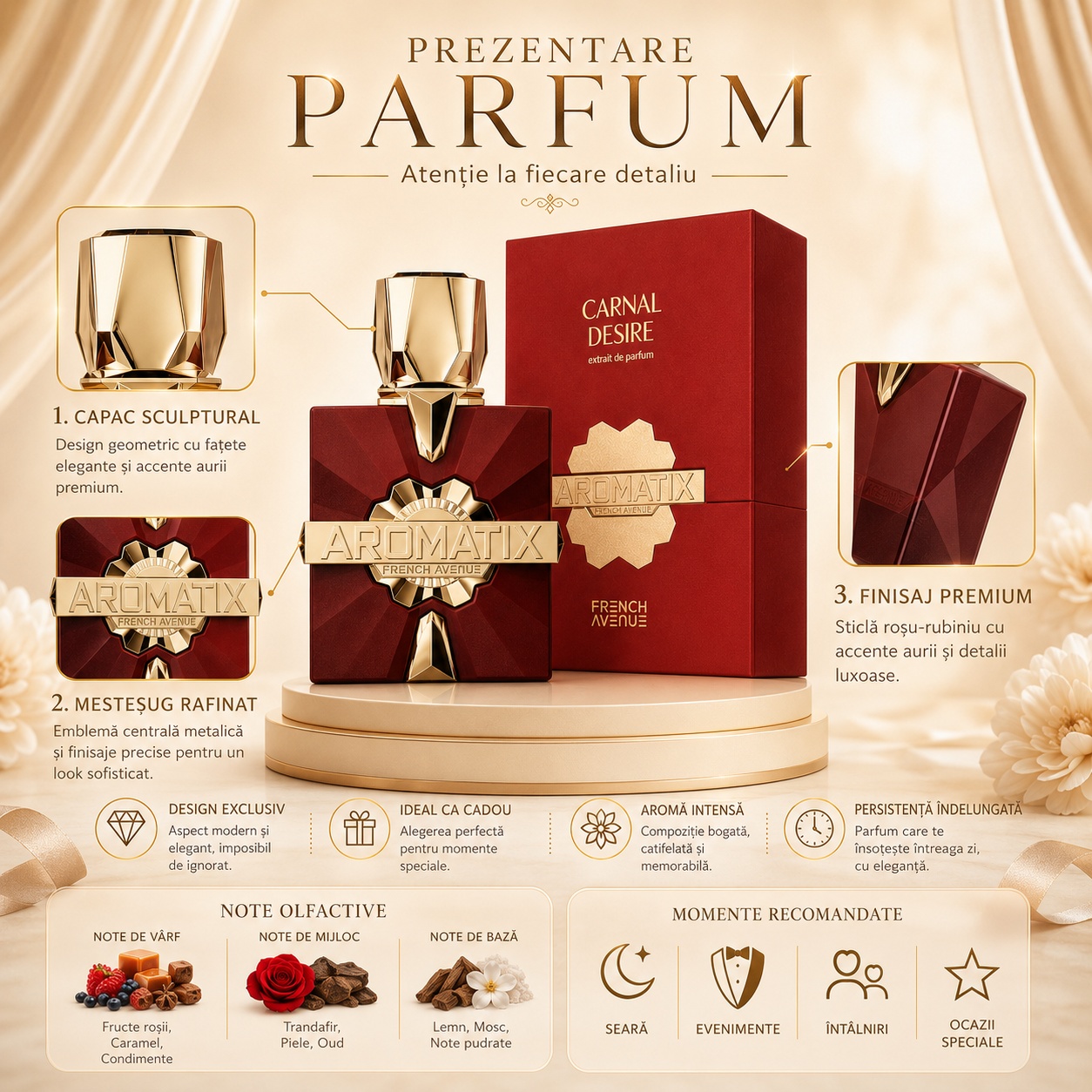 Prezentare parfum Carnal Desire Aromatix French Avenue cu detalii premium, capac sculptural, finisaj roșu rubiniu și note olfactive