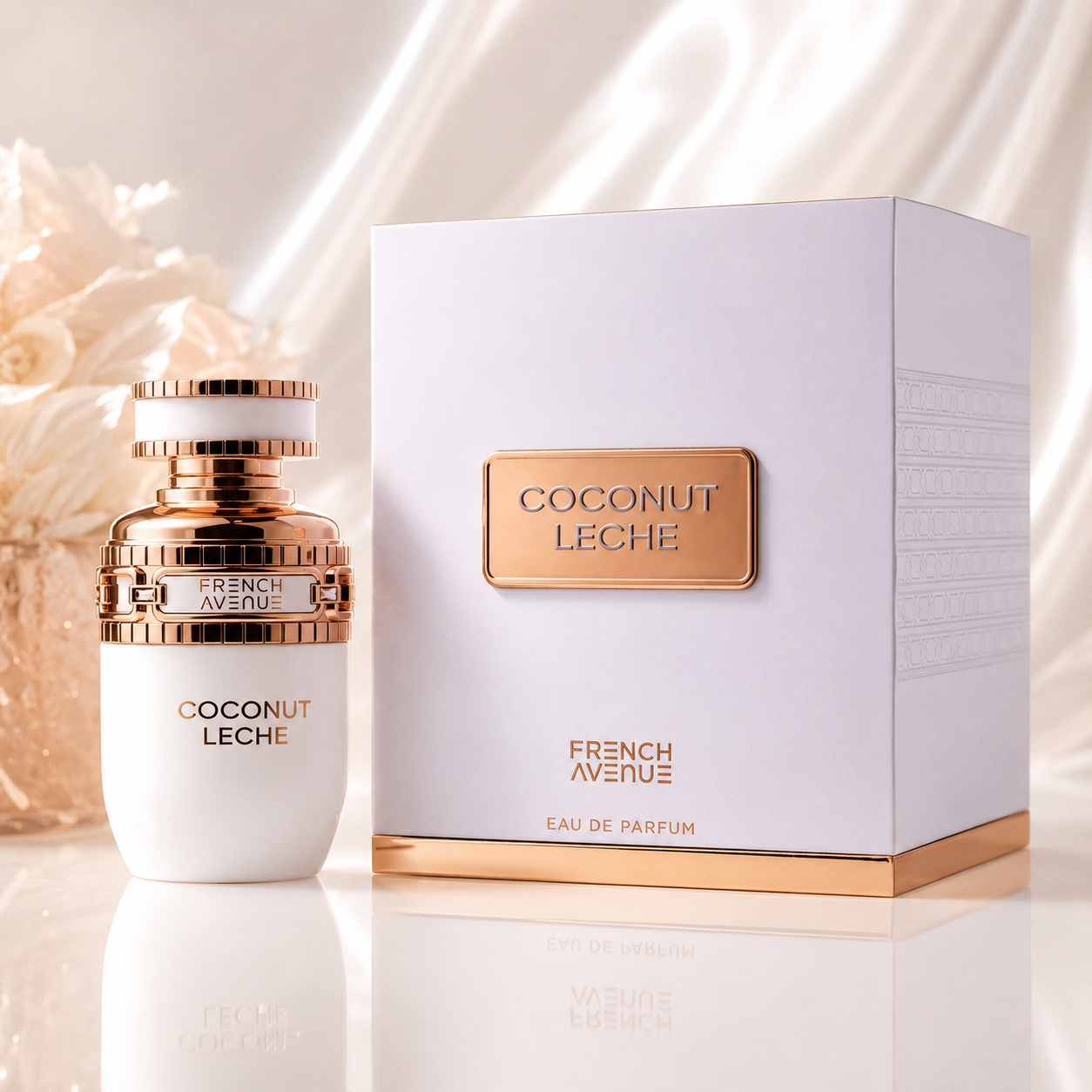 Parfum Arăbesc Coconut Leche French Avenue 100 ml cu sticlă albă elegantă și cutie premium rose gold