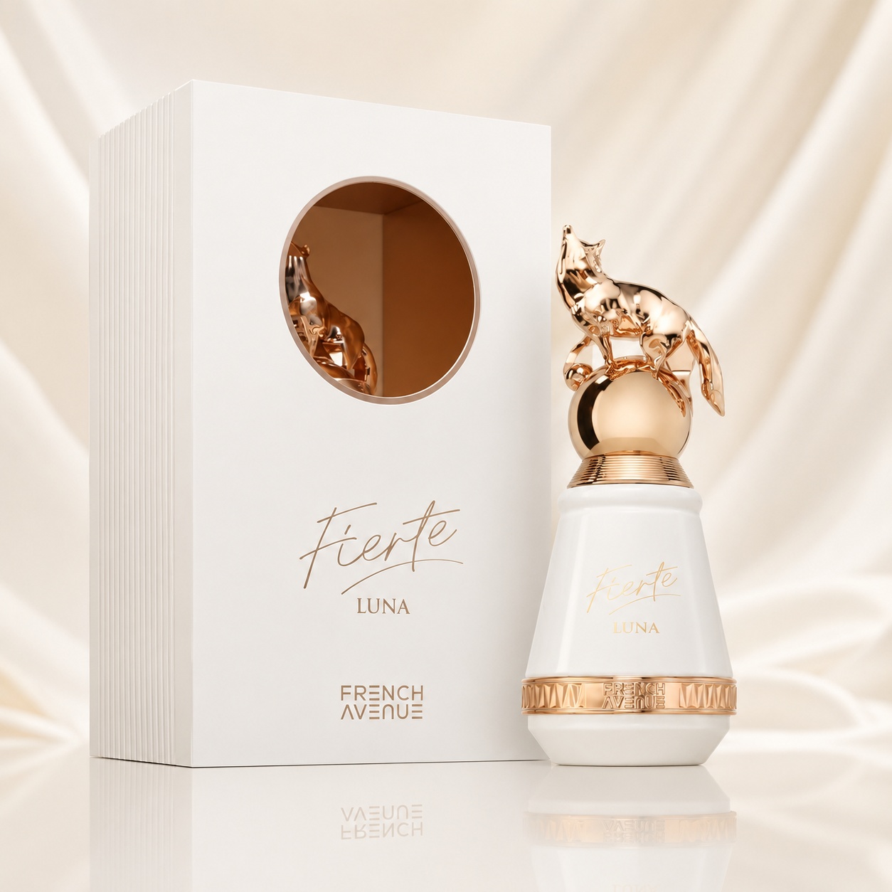 Parfum Arăbesc Fierte Luna French Avenue 80 ml cu sticlă albă elegantă, capac auriu cu vulpe și cutie premium