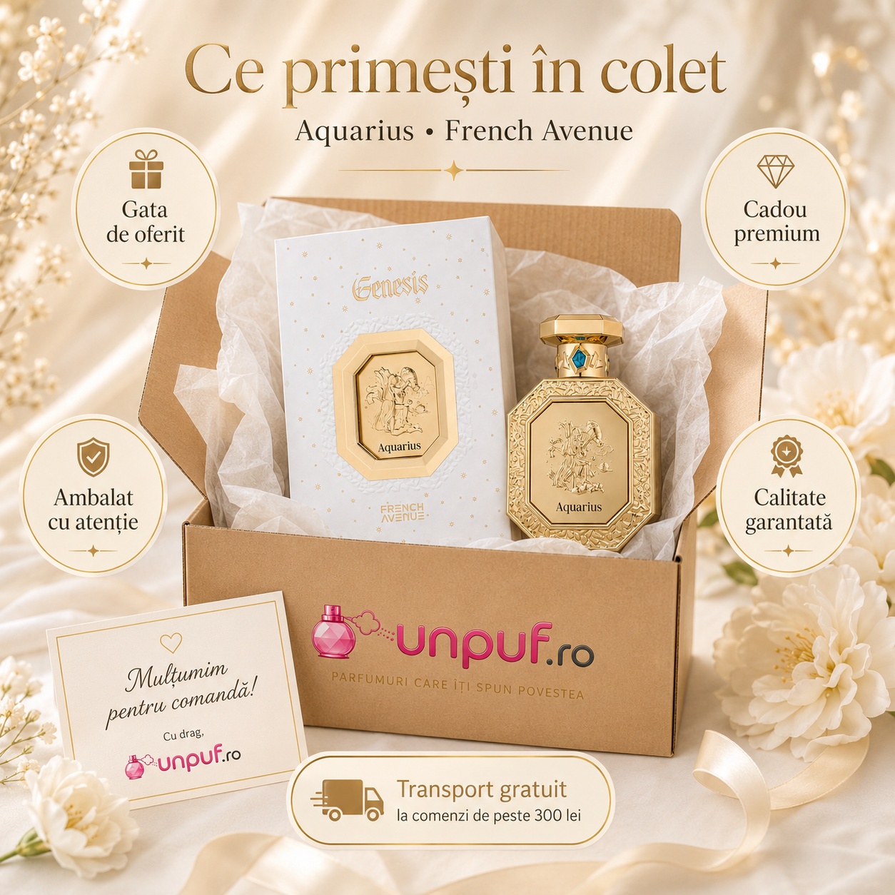 Colet parfum Genesis Aquarius French Avenue cu sticlă, cutie originală și ambalare atentă unpuf.ro