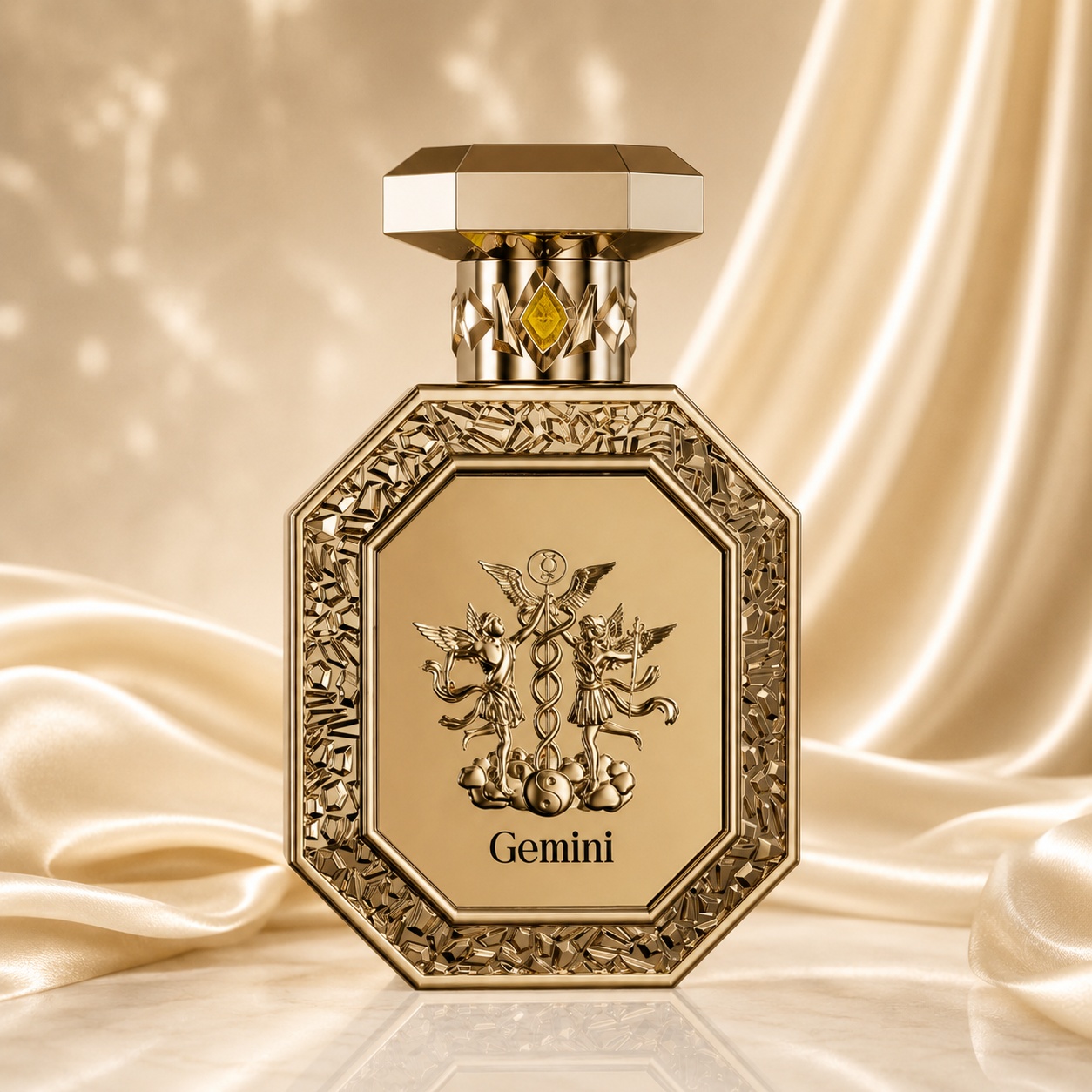 Sticlă parfum Genesis Gemini French Avenue 90 ml pe fundal luminos premium cu satin auriu