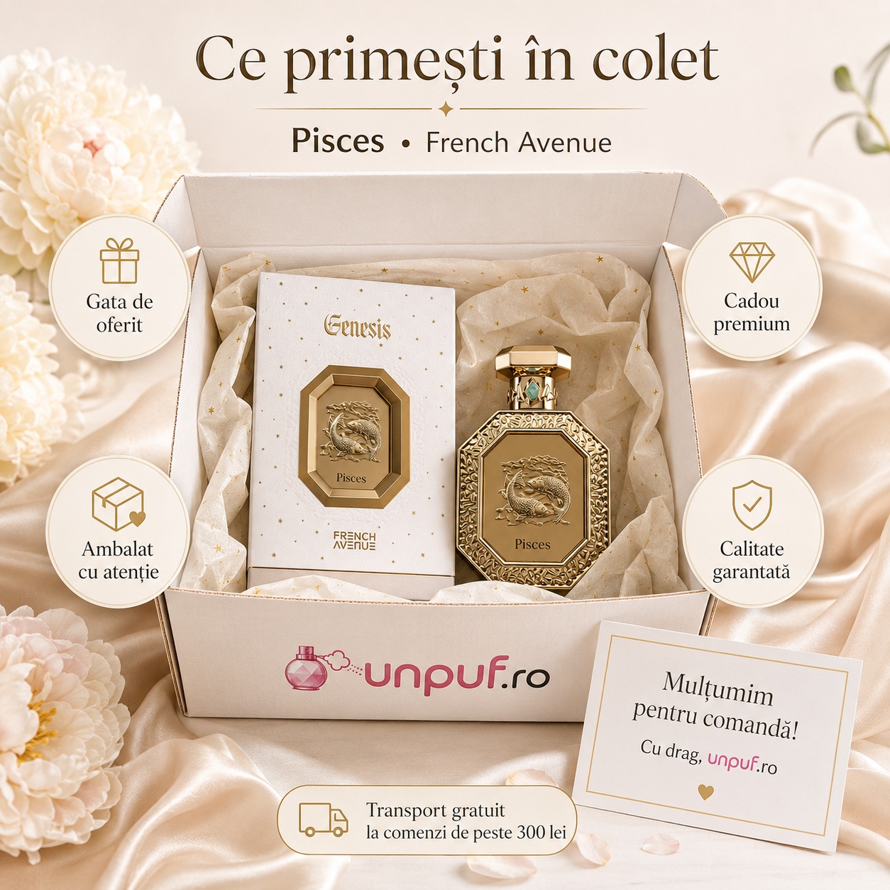 Colet parfum Genesis Pisces French Avenue cu sticlă, cutie originală, ambalare atentă și card de mulțumire unpuf.ro